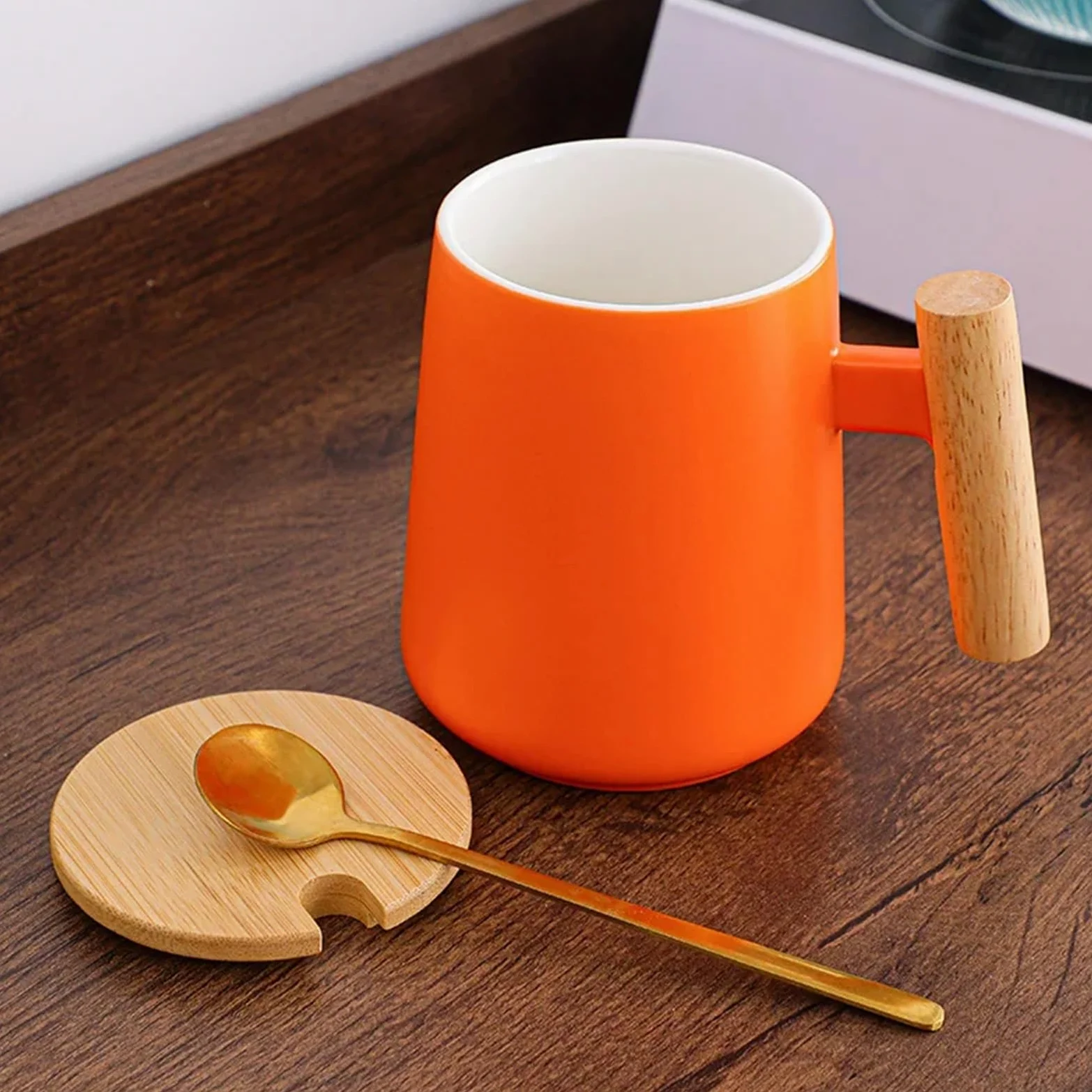 Taza de café de cerámica Vintage de 480ml con tapa, mango de madera, taza de agua Retro for oficina y hogar, 2 uds. Para Boda(Orange Green)
