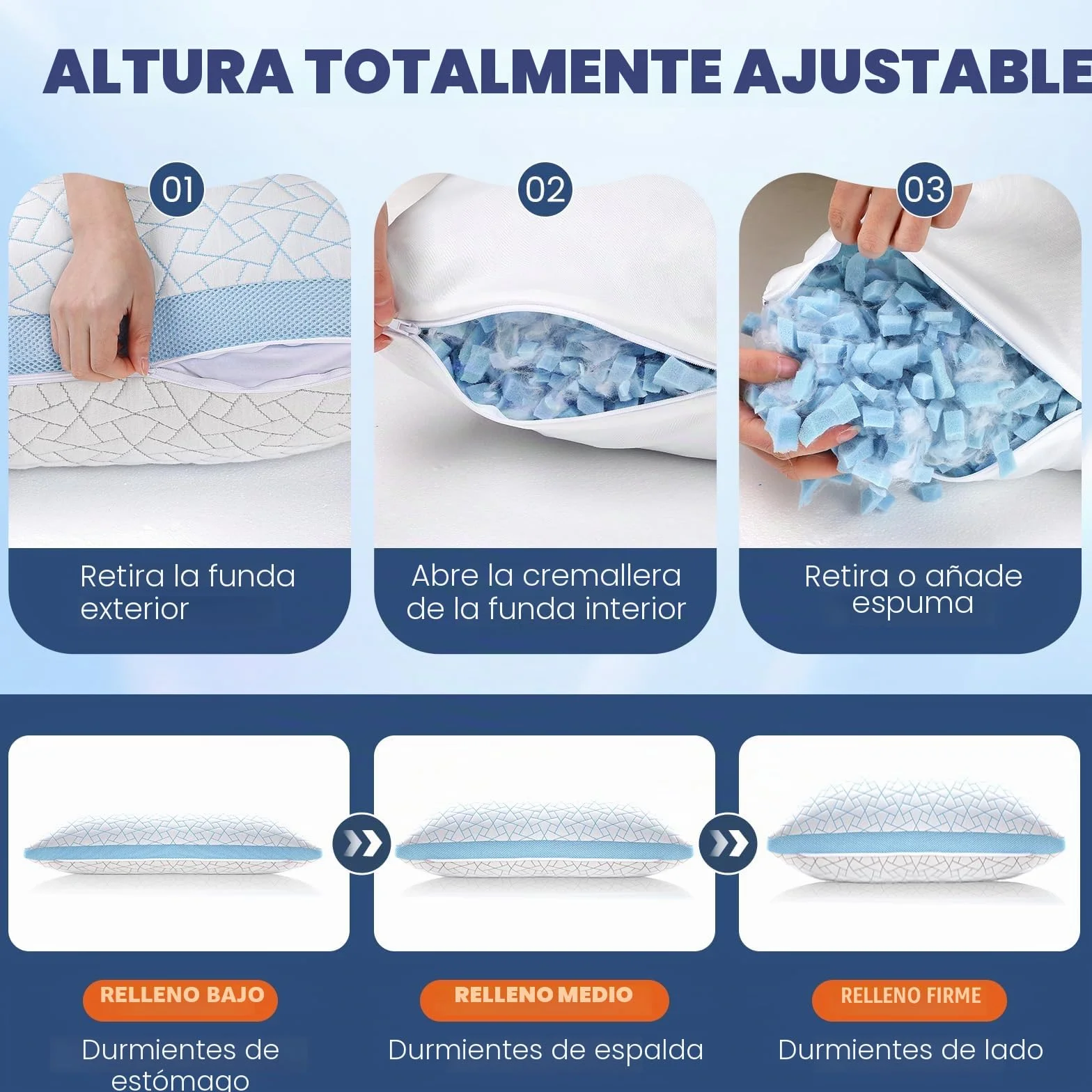 Almohada Viscoelástica Regulable, Soporte Cervical, Alivia Dolor de Cuello | Tamaño Queen*2, Curva Ergonómica, Altura/Firmeza Regulable, Funda Reversible Lavable, Lado Bambú & Lado Fresco, OEKO-TEX