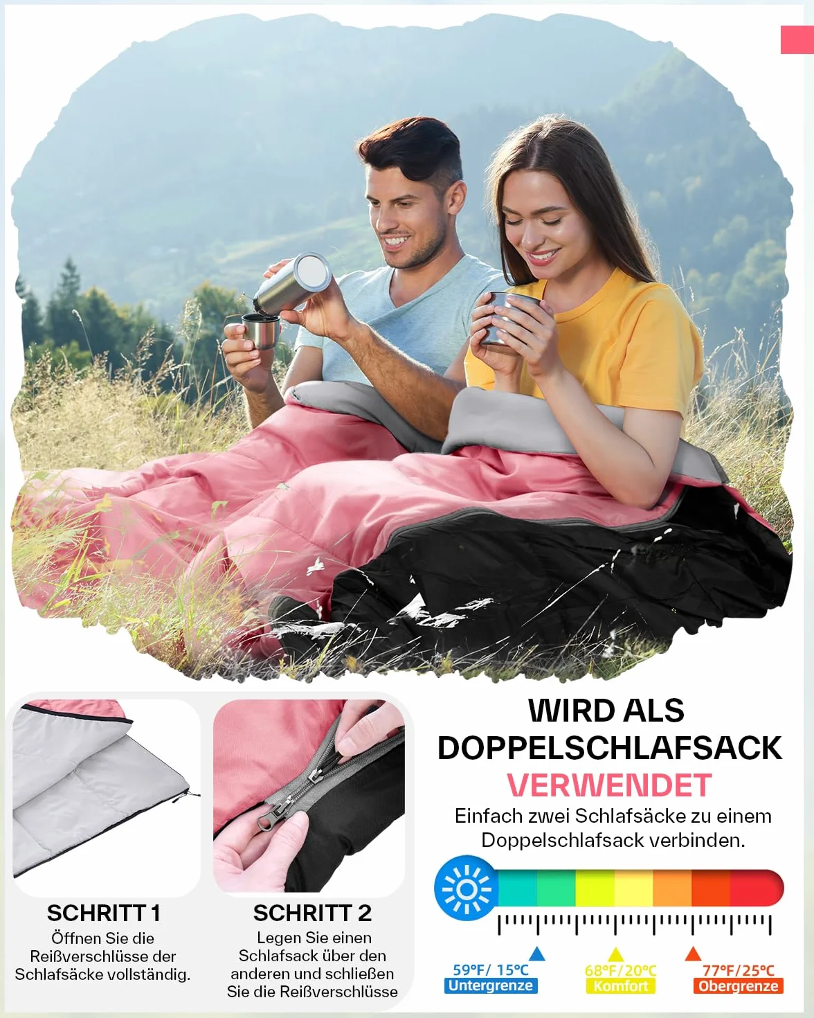 Sportneer Saco de Dormir Compacto Ligero para Clima Cálido 15℃~25℃ con Bolsa de Transporte para Camping y Senderismo