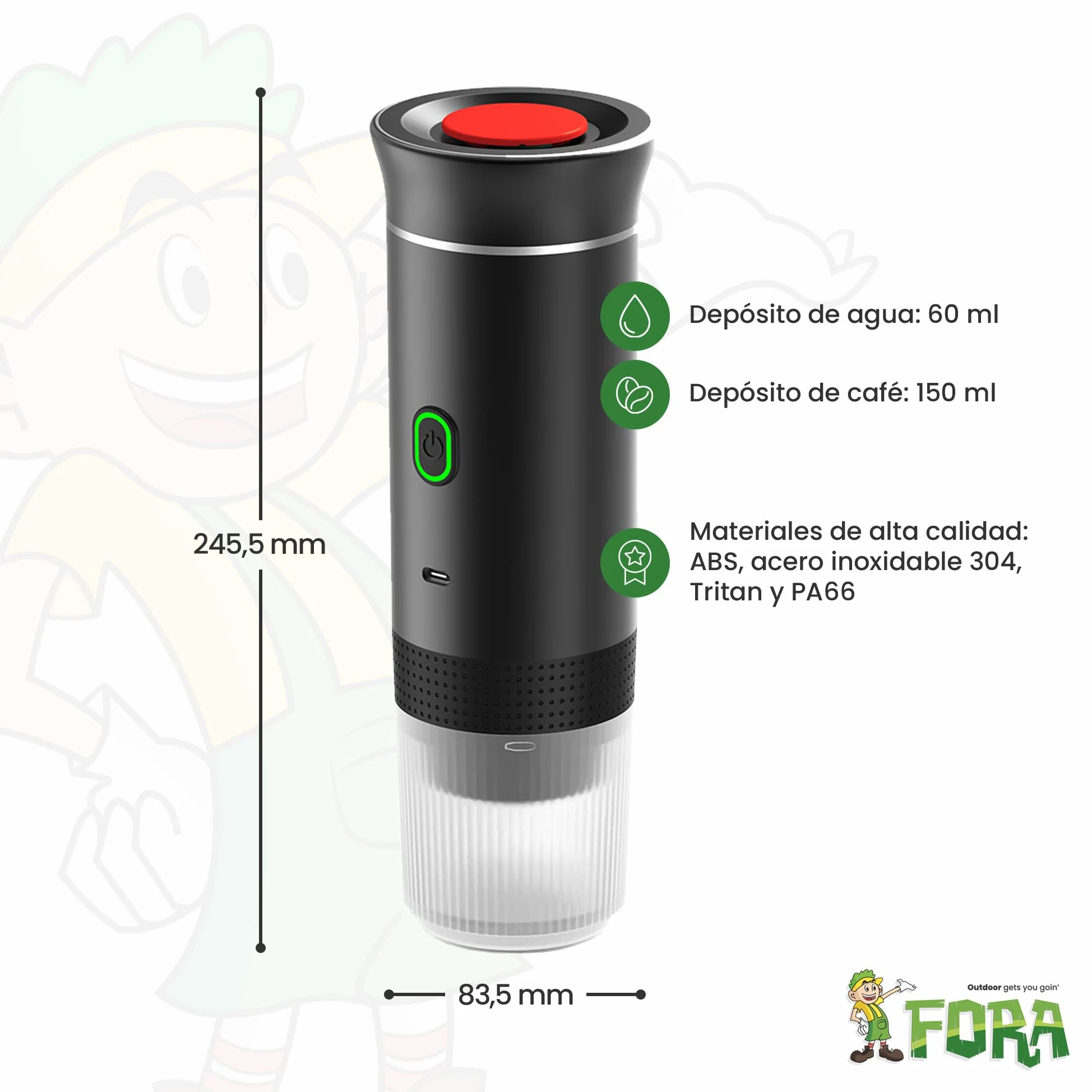 FORA Cafetera Portatil Espresso 3 en 1 - Capsulas y Cafe Molido, 20 Bares | Compatible Nespresso Original y Dolce Gusto. Bateria recargable USB-C, frio y caliente. Ideal coche, camping, oficina.
