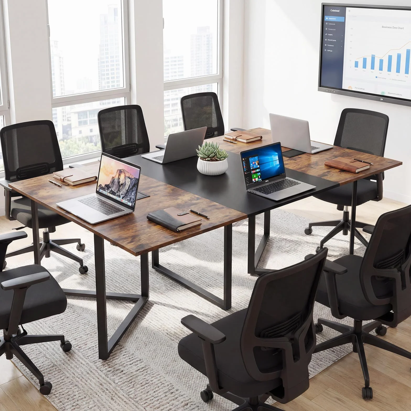 GYMAX Escritorio para Ordenador de 180 cm, Mesa de Conferencias para 6-8 Personas, Gran Mesa Rectangular con 2 Pasacables, Estilo Industrial, para Sala de Reuniones, Sala de Juntas, Oficina