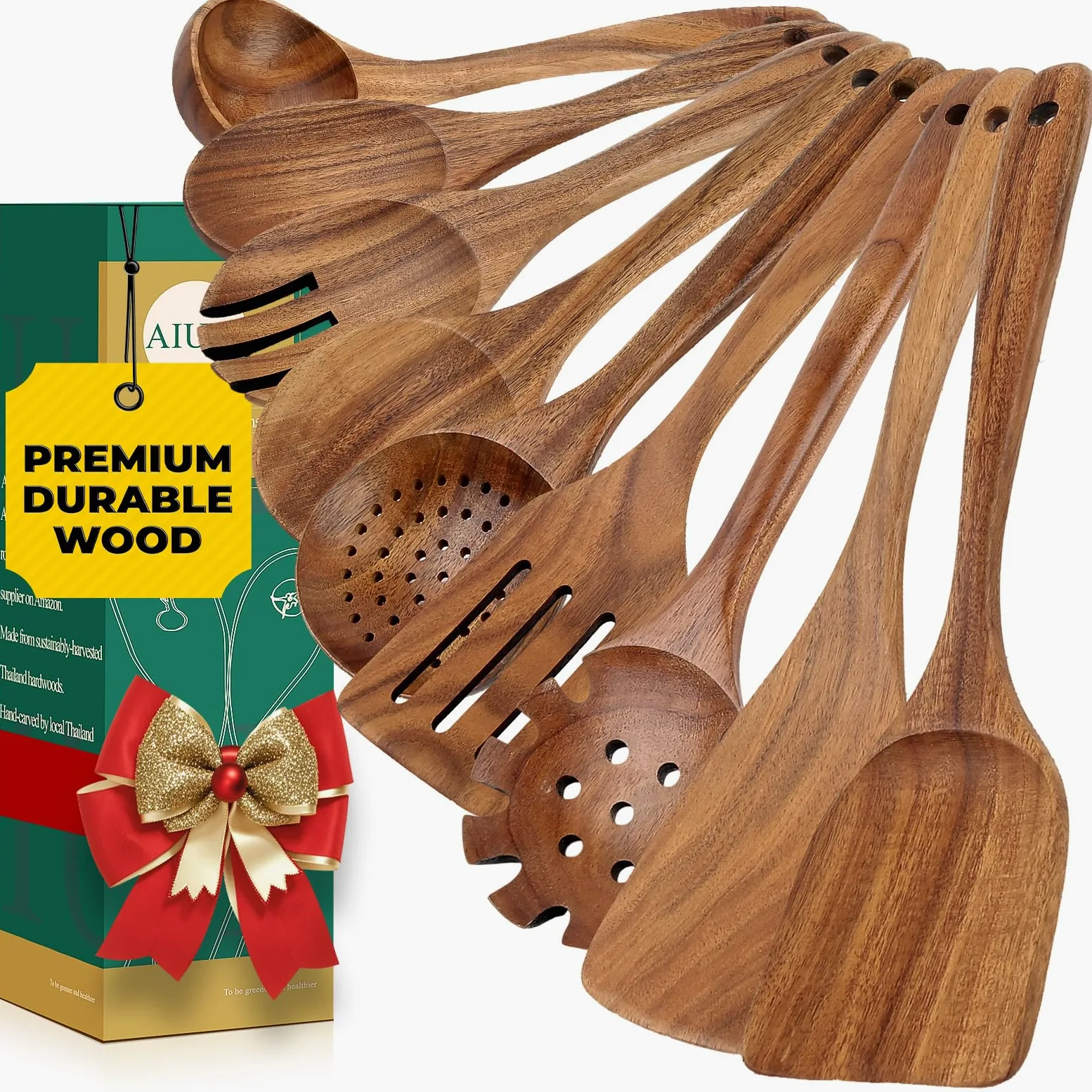 AIUHI Juego de utensilios de cocina de madera de teca, 9 cucharas de madera para cocinar, espátulas de madera para cocinar, antiadherentes, duraderas y resistentes al calor
