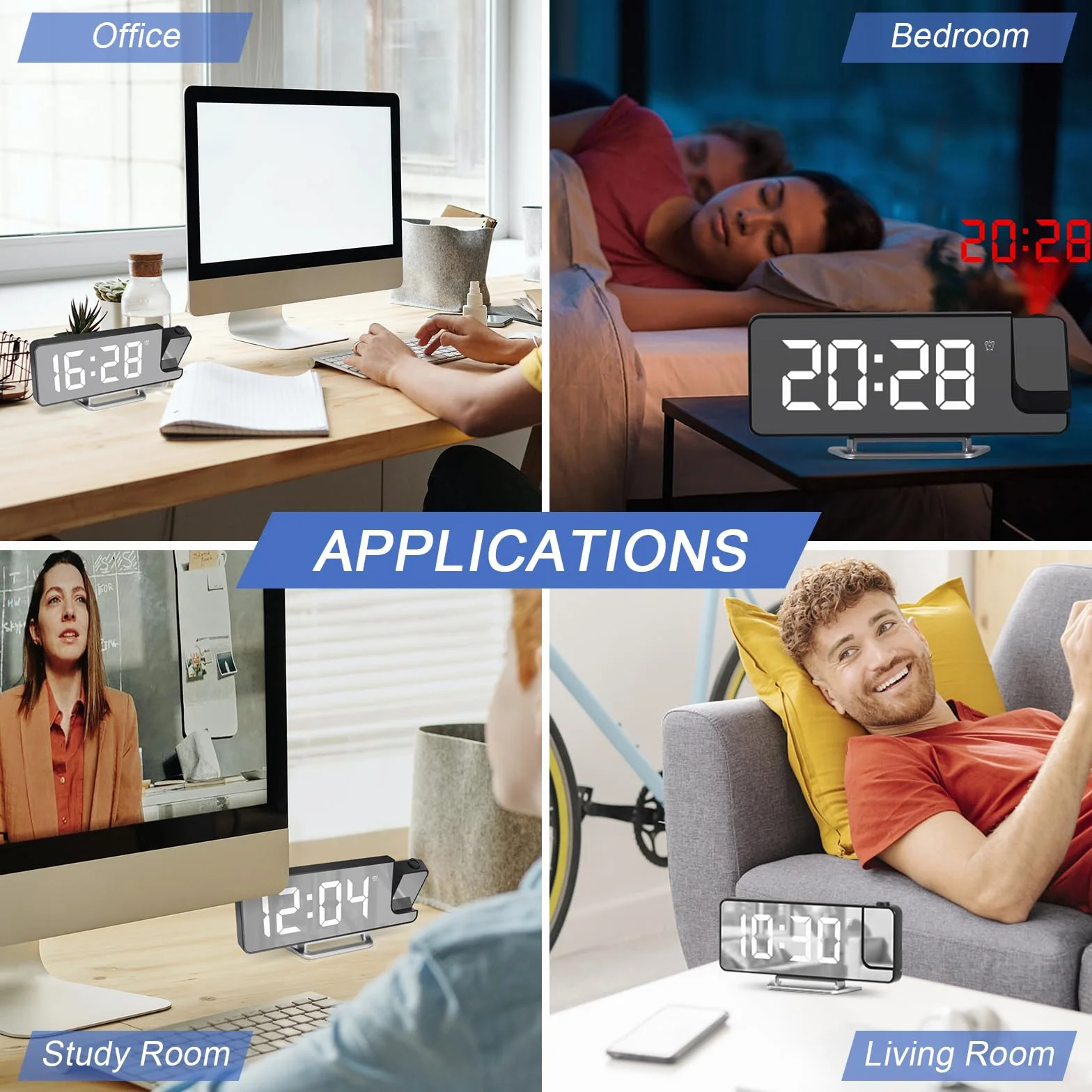 Cuteefun Reloj Despertador Digital con Proyector, Despertador Inteligente con Temperatura, Snooze, 12/24H, Brillo Ajustable, Reloj Proyector Techo para Dormitorio, Números de Blanco
