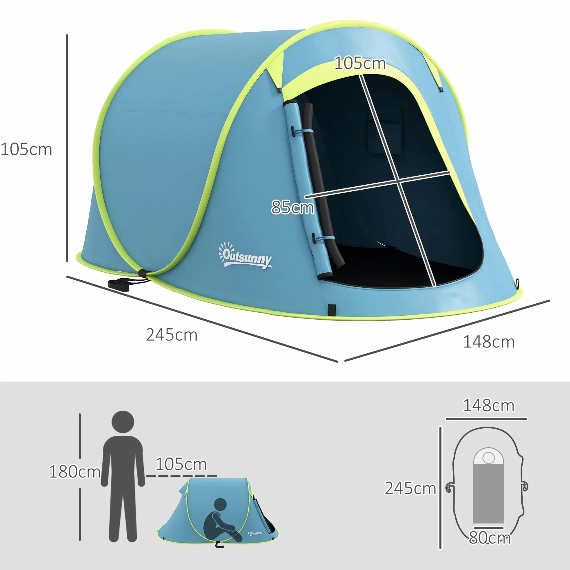 Outsunny Tienda de Campaña 2-3 Personas Pop-Up Impermeable 2000 mm 245x148x105 cm Azul