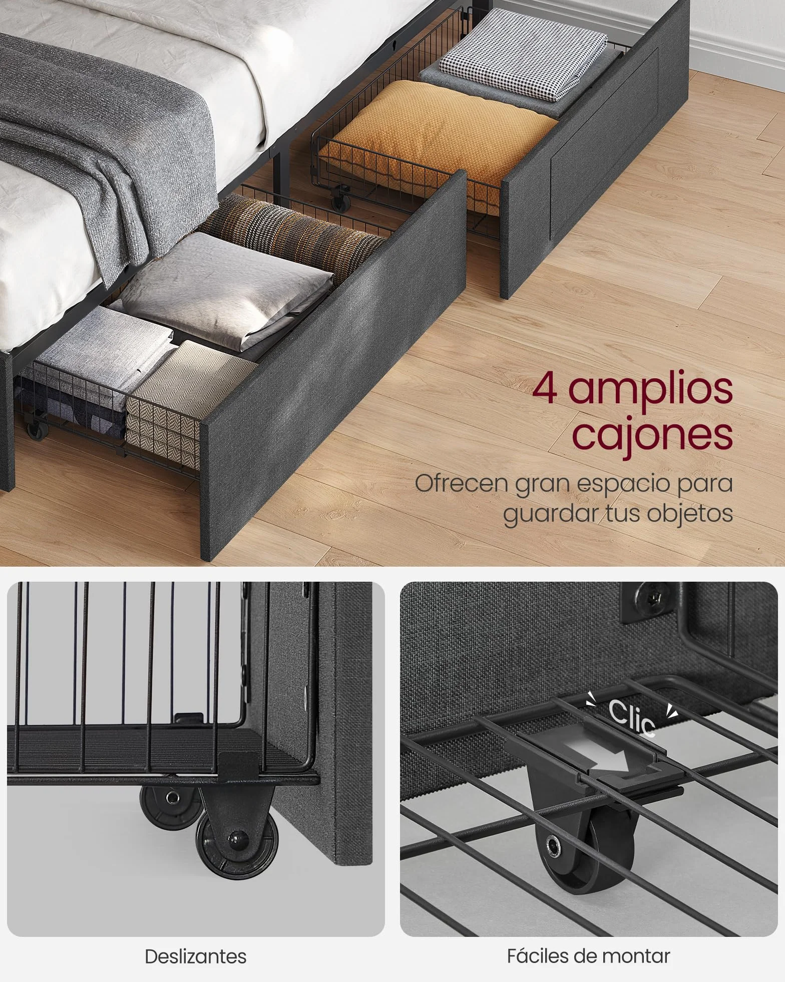 VASAGLE Marco de Cama Matrimonio, Base con Listones, 140 x 200 cm, LED, Metal, 4 Cajones, Estación de Carga, Cabecero Acolchado Ajustable, Gris Pizarra RMB827G02
