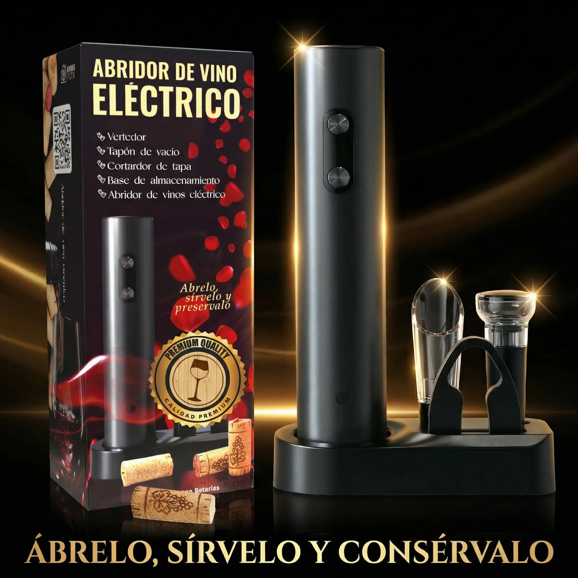 Sacacorchos eléctrico profesional con cortacápsulas, aireador y vertedor, Abridor de vino con base elegante, Regalos originales para hombre cumpleaños, Navidad o San Valentín, funciona con 4 pilas AA