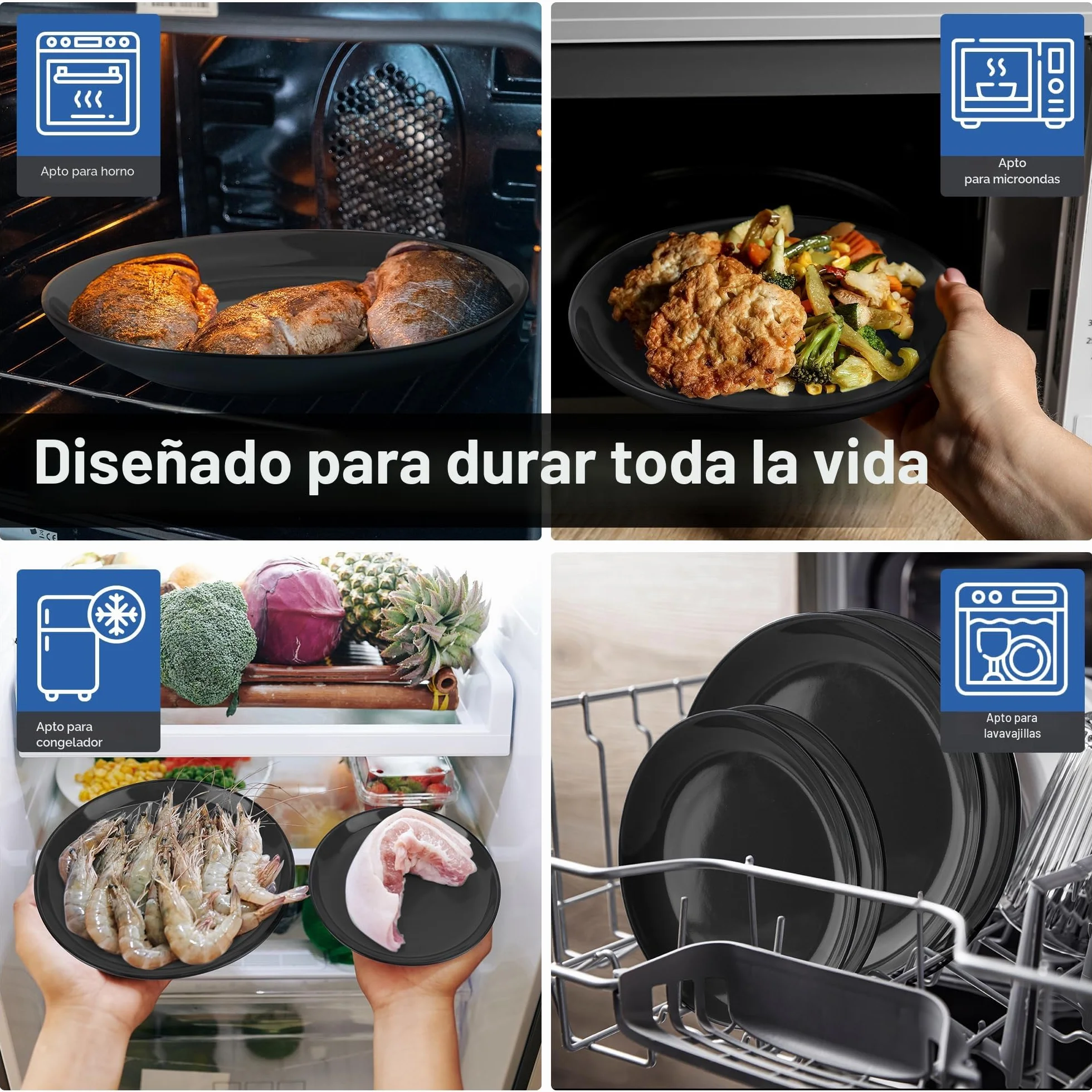 MIAMIO – Juego de Vajilla de 30 Piezas para 6 Personas/Vajilla de Gres – Incluye Platos, Tazones y Tazas – Apto para Microondas y Lavavajillas – Colección Le Papillon (Negro)