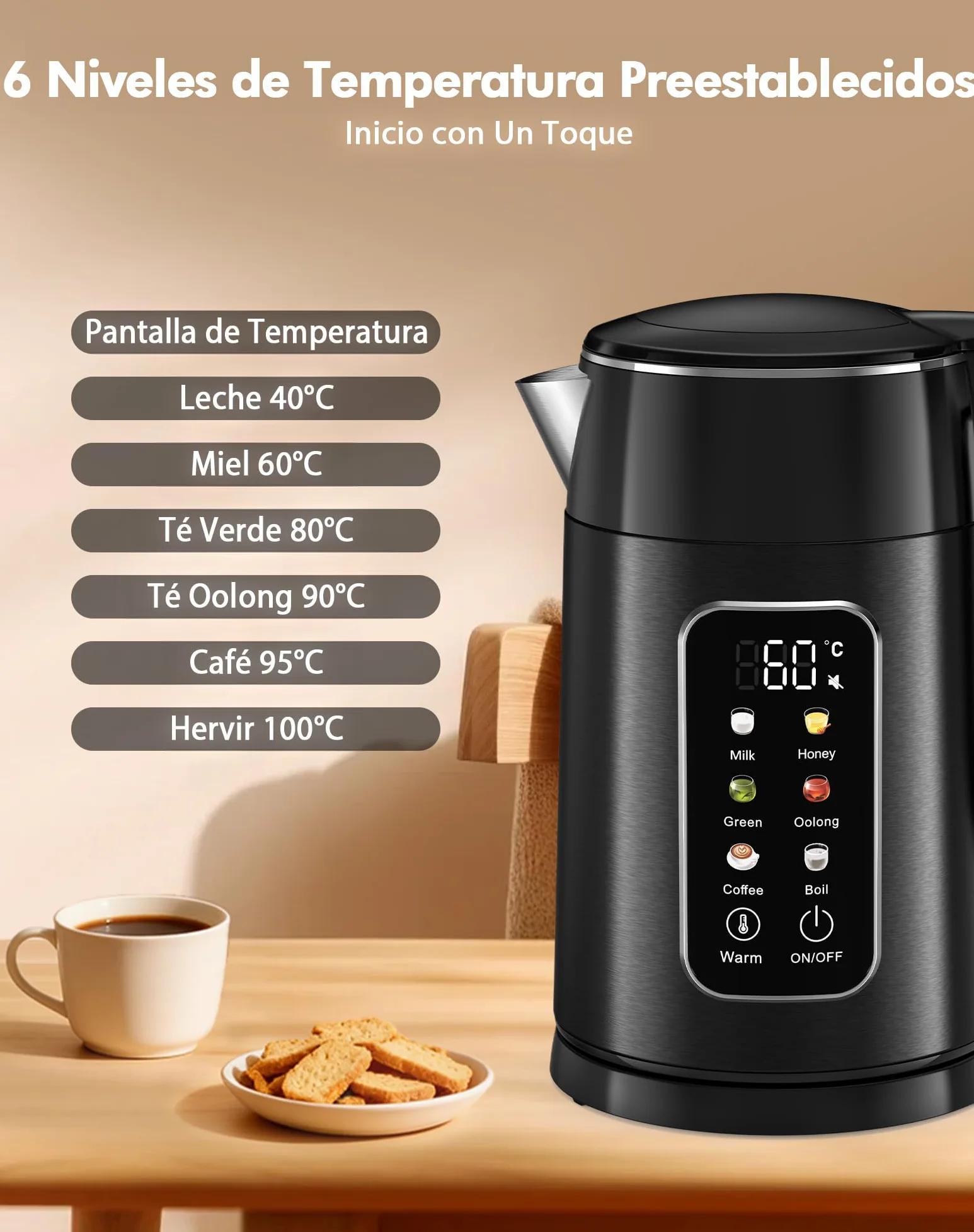 Hervidor de Agua Eléctrico 1,7L 2200W con Control de Temperatura y Pantalla LED - Acero Inoxidable 304 Libre de BPA, Doble Pared Tacto Frío, Función Mantener Calor 2H, Apagado Automático (negro)