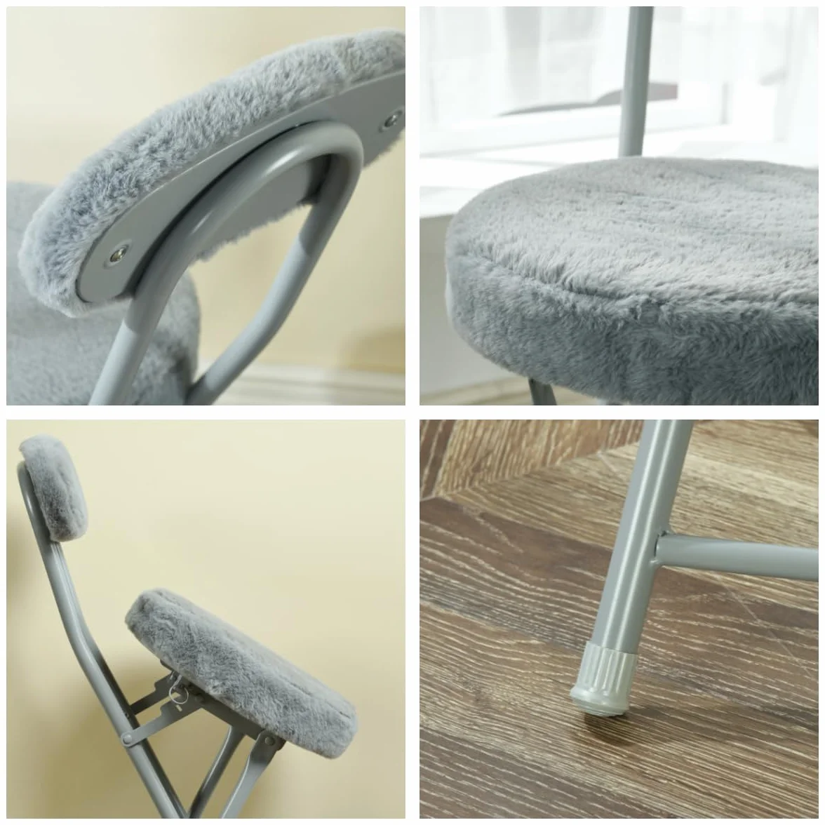 MEUBLE Cosy Juego de 4 Sillas Plegable Taburete con Respaldo y Reposapiés Tapizados de Piel, Estructura de Metal, Gris