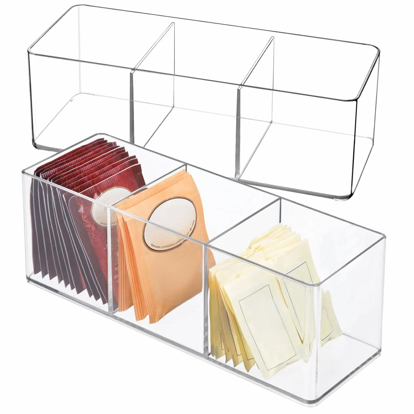 2 bolsas de té acrílicas, caja de almacenamiento, 3 compartimentos, organizador transparente, cajas de té, bolsas de café, almacenamiento para cápsulas de café, edulcorantes, azúcar, más despensas de