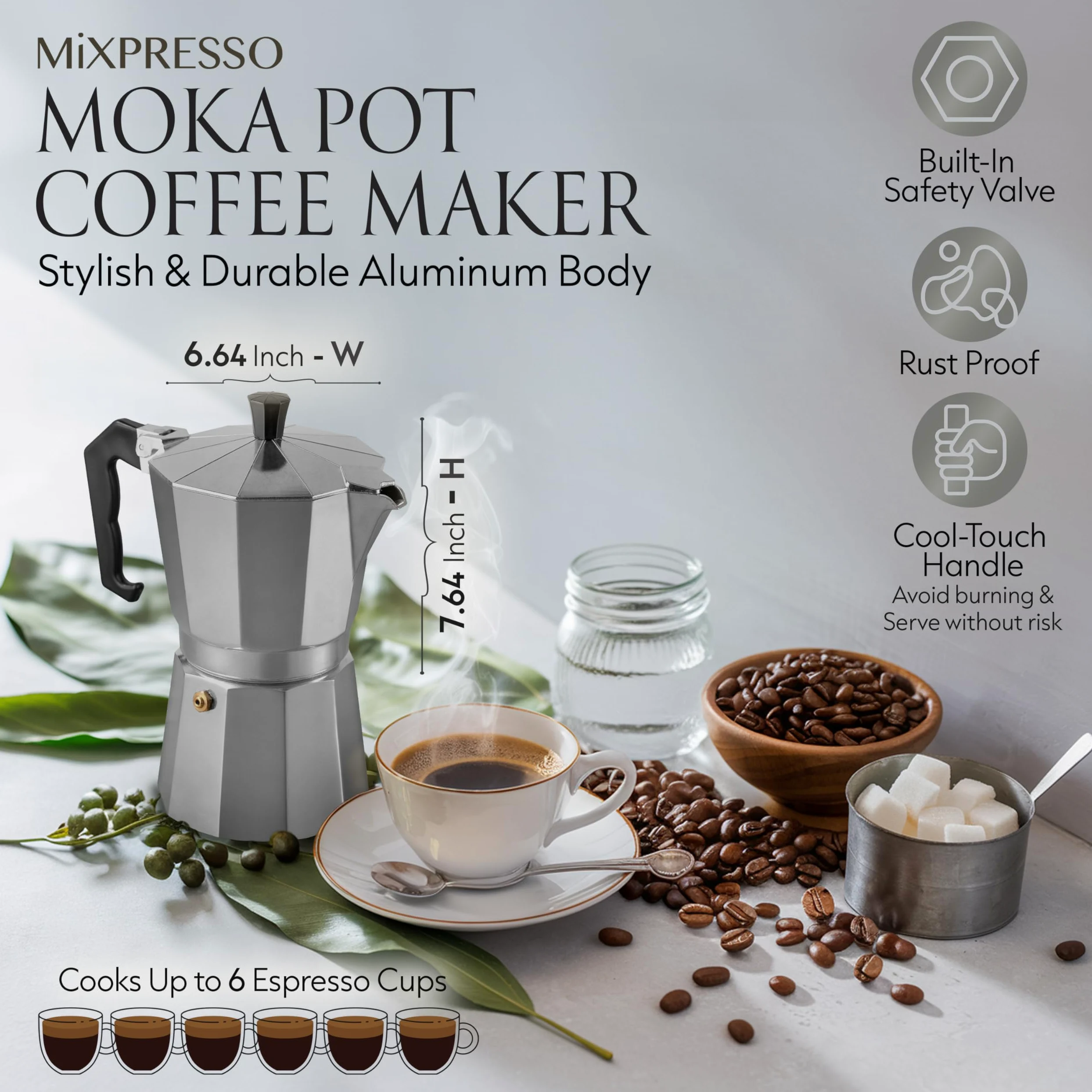 Mixpresso Cafetera de aluminio para 6 tazas, cafetera Moka Pot para preparar café italiano y cubano, cafetera italiana clásica, cafetera espresso Greca, cafetera de camping de 10 onzas