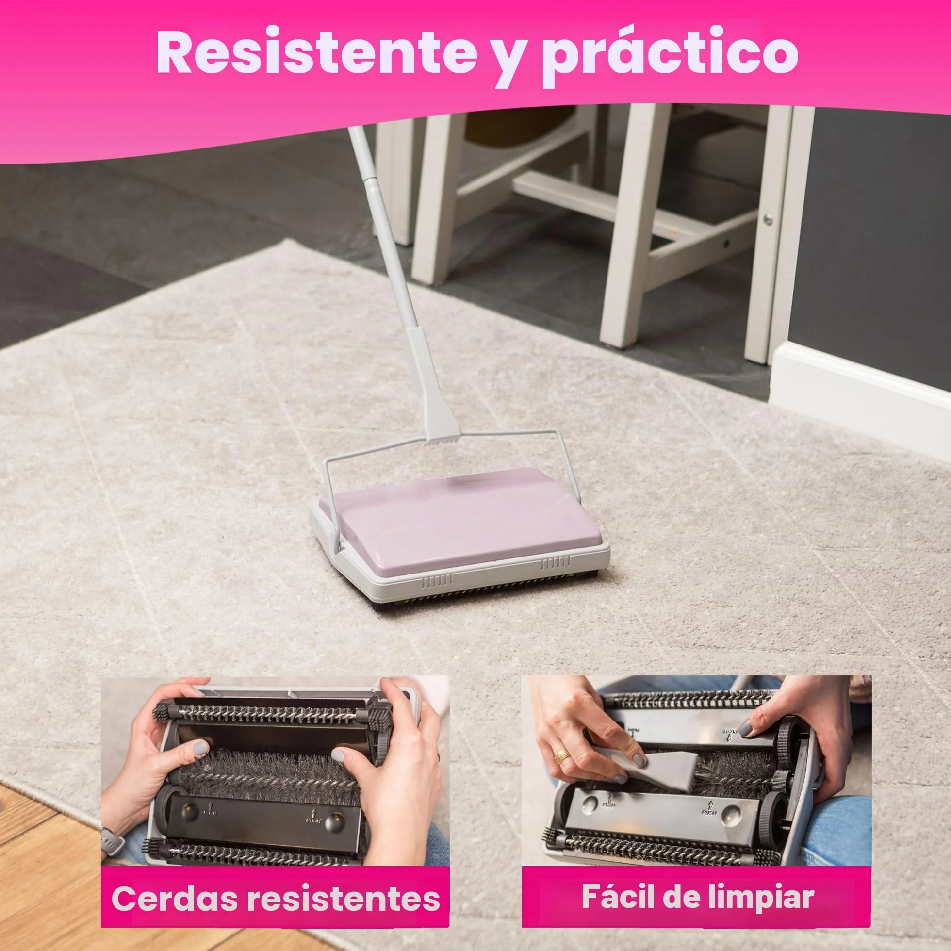 York Escoba Mecánica Recorrido Escoba De Alfombra para Recoger Las Suciedades Sweep Manual Sweeper Barredora de Mano Mopa para alfombras on Cuatro Ruedas Suaves Delgada Y Compacta Gris-Rosa