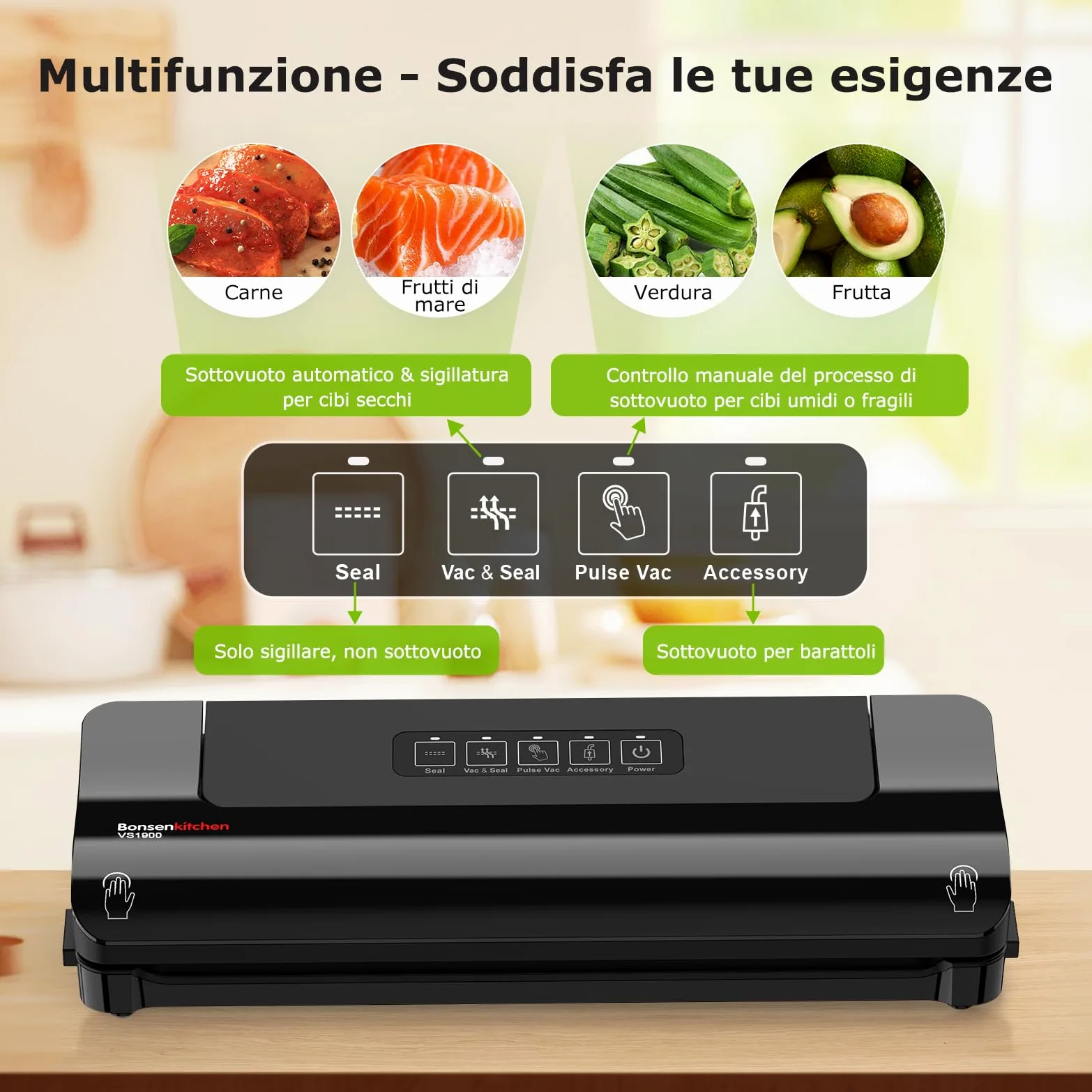 Bonsenkitchen Envasadora al Vacío, Máquina Envasadora al Vacio Domestica Rápida y Compacta, Alta Velocidad de Trabajo Continuo, incluye Bolsas de Vacío y Mangueras Accesorias