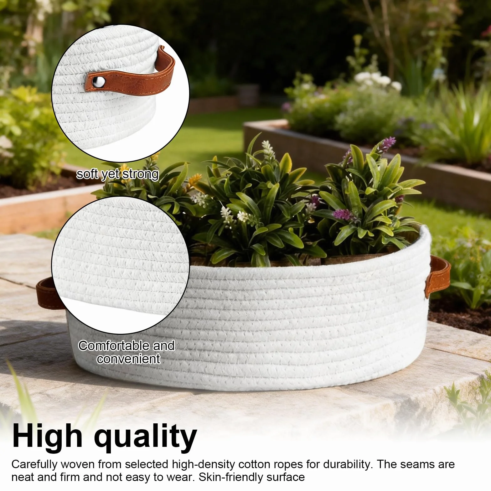 Cesta de Almacenaje Tejida de Cuerda de Algodón 33×15×10 cm con Asas de Cuero para Baño, Cocina, Estantería (Blanco)