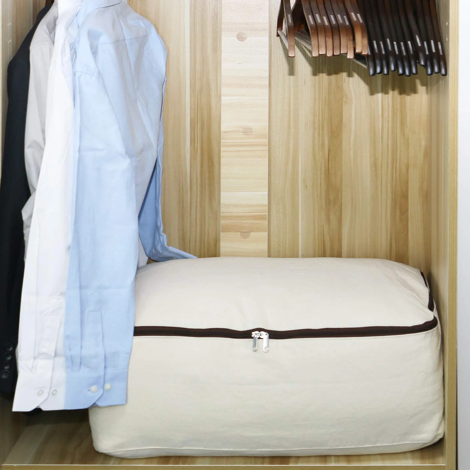 Bolsa de lona de gran capacidad Omygarden, 65x47x22cm, Beige, 2pcs | resistente, suave y transpirable; lavable a máquina; ideal para guardar edredones, jerséis, vaqueros y mucho más.