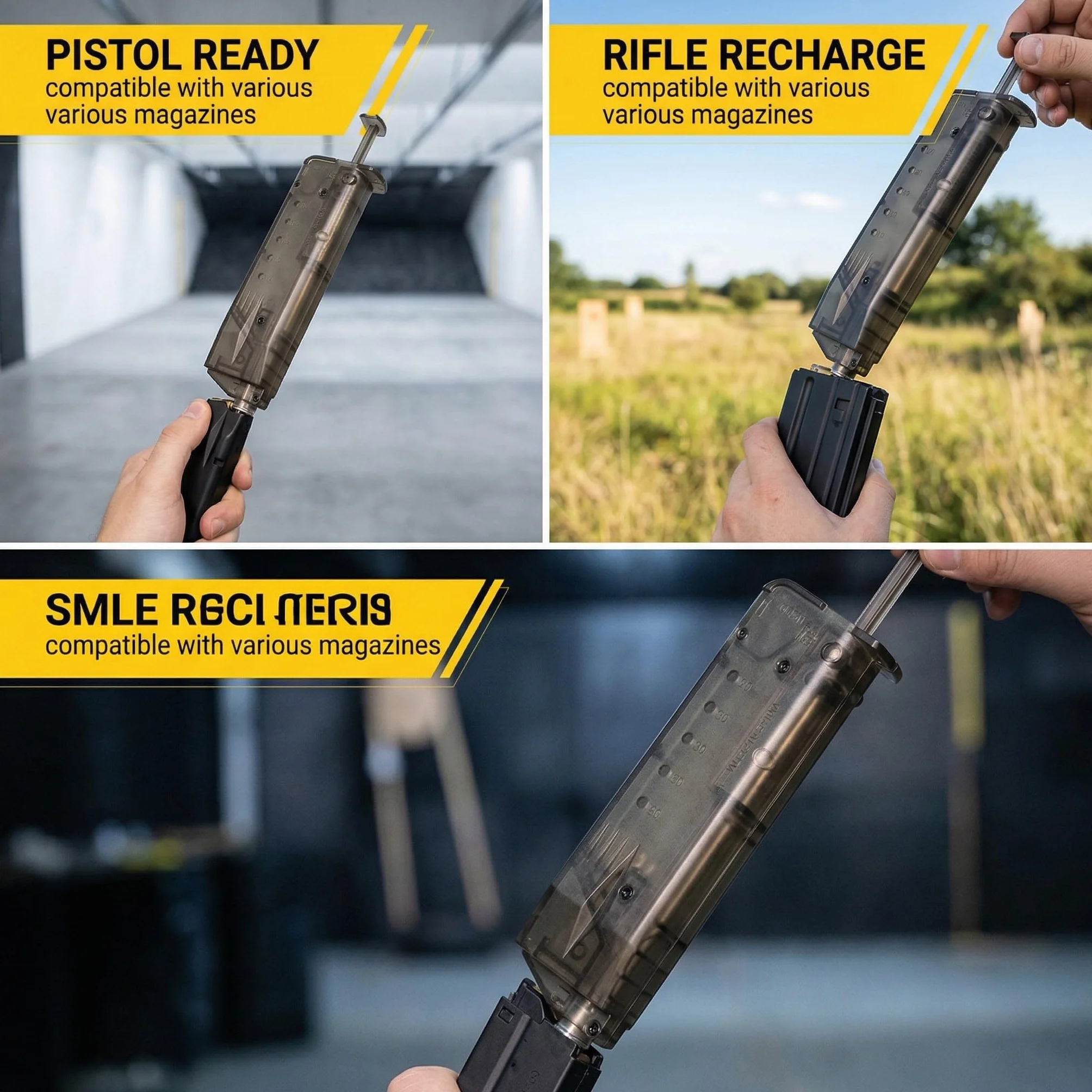 Cargador Rápido Airsoft para 100 BBs 6mm | Diseño robusto de plástico con adaptador de pistola. Recarga veloz y segura para cargadores de pistolas y fusiles Airsoft.