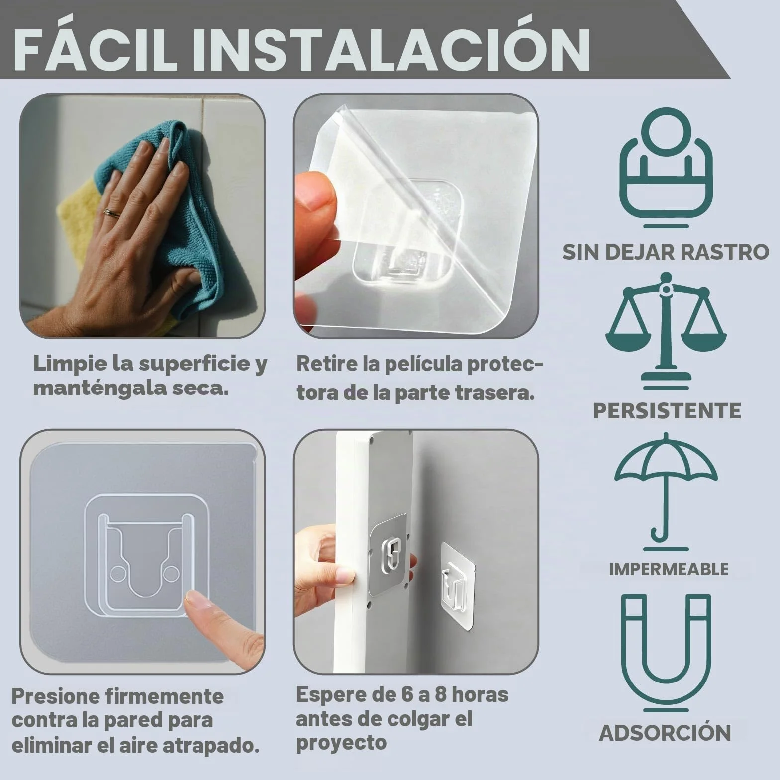 Ganchos adhesivos (ganchos mágicos) - Pack de 5 | 5 kg de capacidad de carga & Sin perforación | Ganchos adhesivos impermeables para pared para baño, cocina, dormitorio y entrada | Organizador