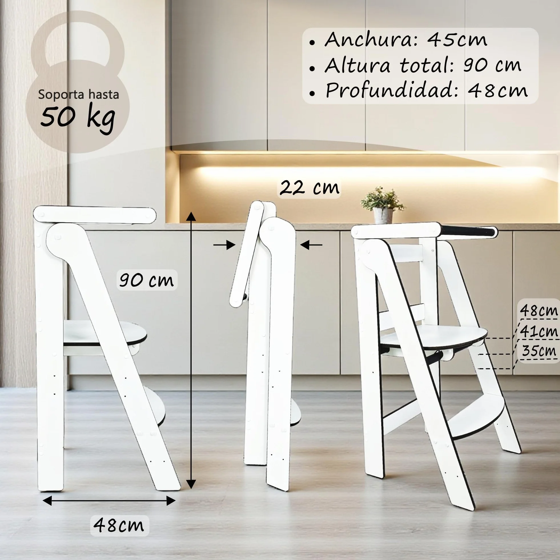 Torre de Aprendizaje Montessori Blanca Compacta, Evolutiva Niños, Escalera 2 Peldaños, Taburete Infantil