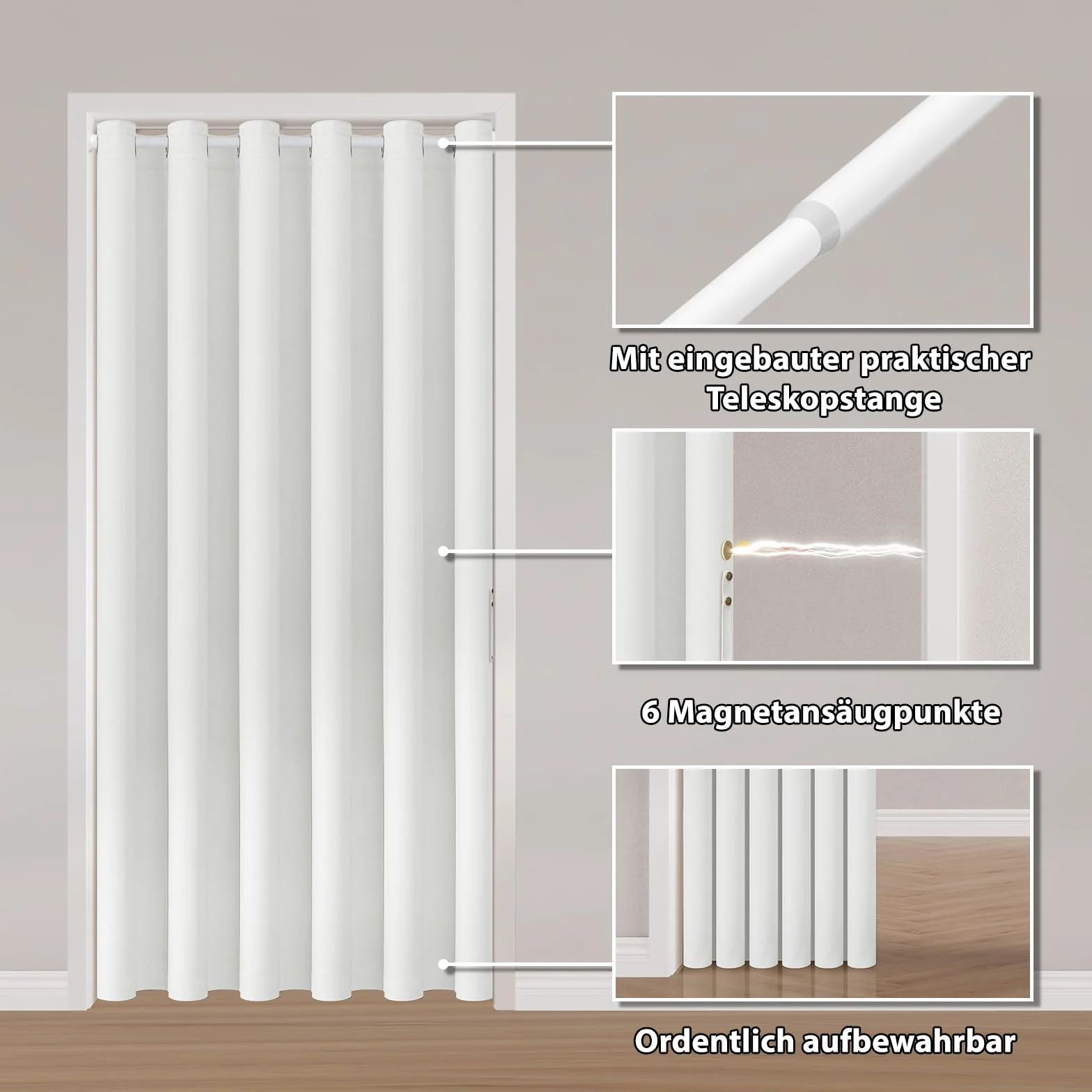 Jilron Cortina para puerta sin taladrar: fácil montaje con barra telescópica y cierre magnético – Protección de la privacidad en la habitación (blanco-201 x 130 cm)