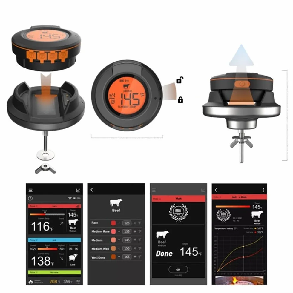 Termómetro inalámbrico para carne con 4 sondas, parrilla digital para cocinar, termómetro de alimentos de acero inoxidable, control de aplicación de largo alcance (termómetro+2 sondas)