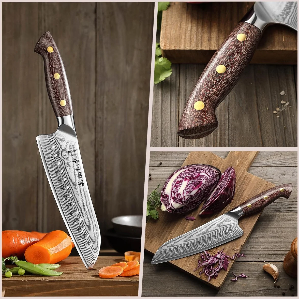 HEZHEN Cuchillo Santoku con Funda de Madera, Cuchillo de Chef Estilo Japonés Cuchillo Gyuto, Hoja de Acero Damasco de Alto Carbono, Full Tang Mango de Micarta