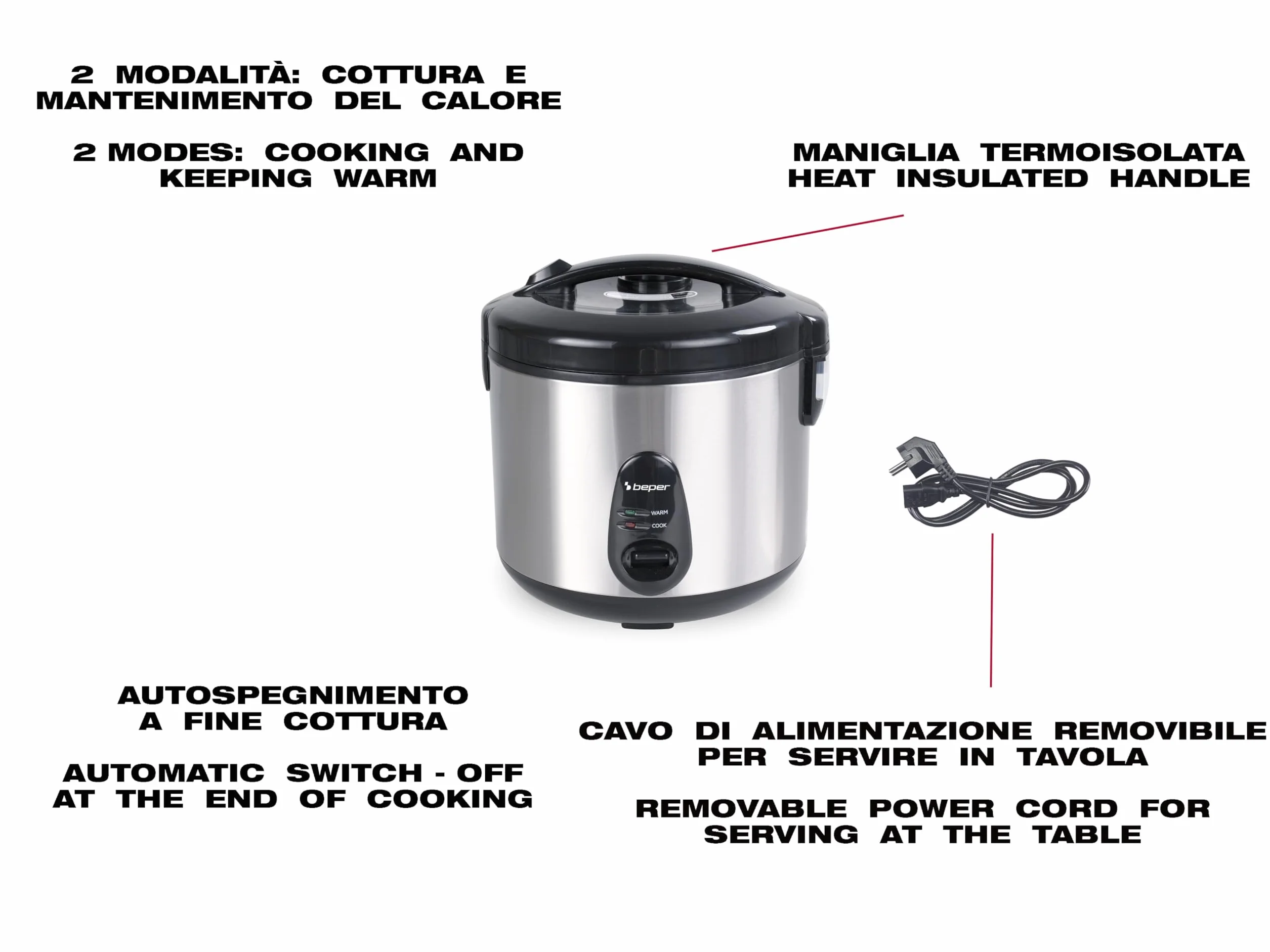 BEPER P101VAP002 Olla arrocera eléctrica con función de conservación del calor, capacidad de 625 g, revestimiento antiadherente, tapa con junta de silicona y bandeja para cocinar al vapor.