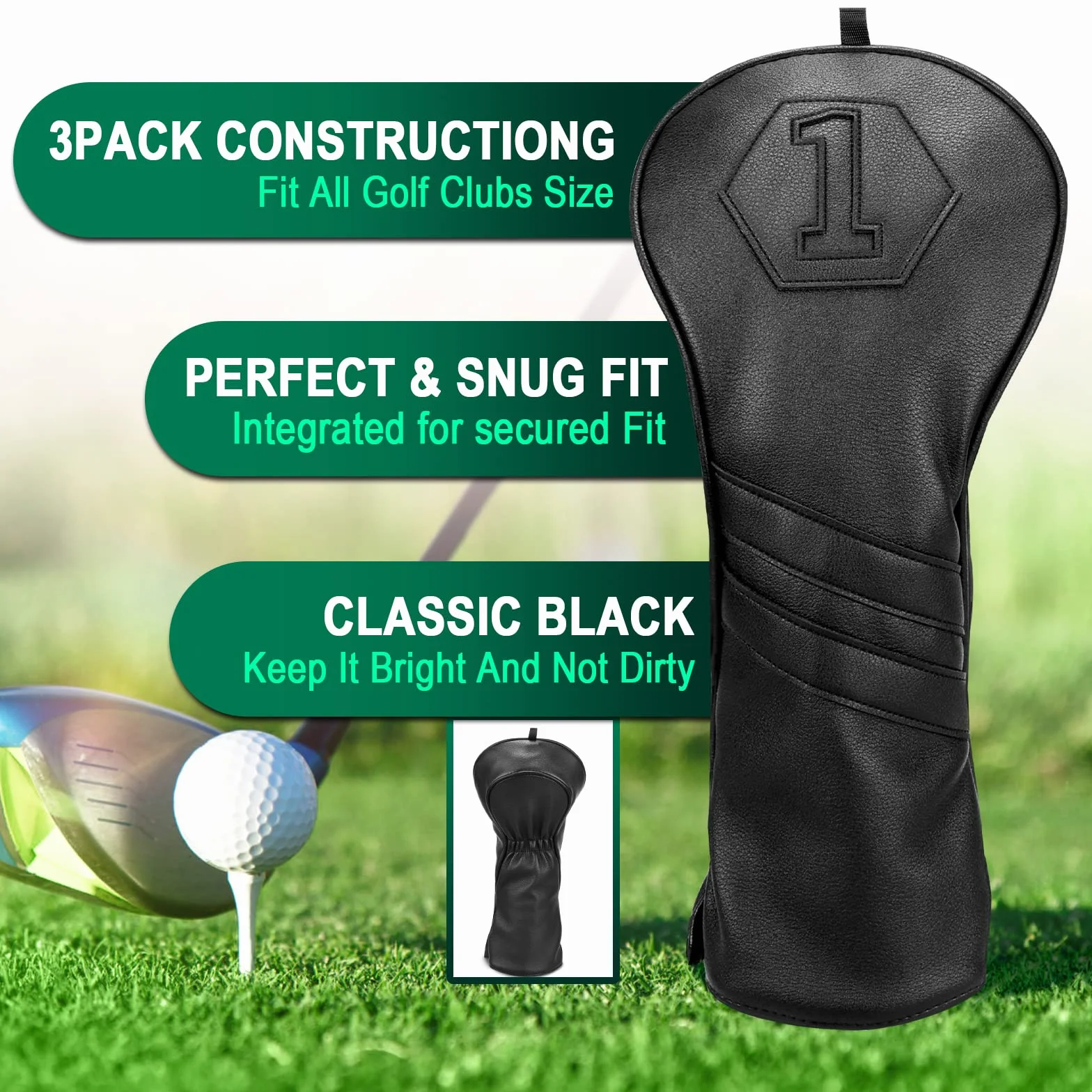 Fundas para cabeza de palo de golf madera Driver Fairway Hybrid 1FH negro piel sintética cierre elástico