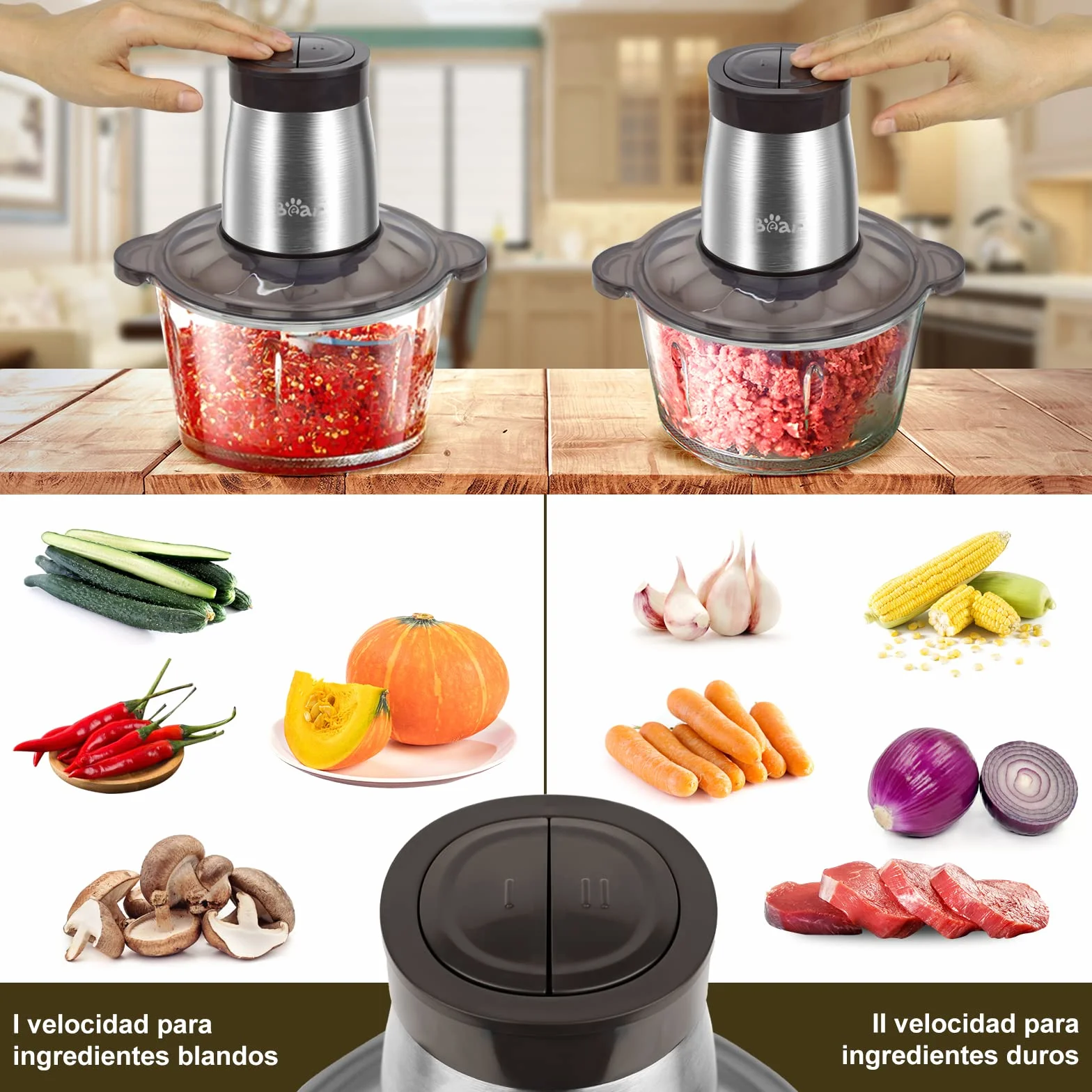 Bear 2L Vidrio Picadora De Alimentos, Función Pulso Con Una Mano,2600r/Min,2 Velocidades, Trituradora Con 4 Cuchillas De Acero Inoxidable, Picadora De Cocina Para Carne, Verduras,Cebolla Y Frutas