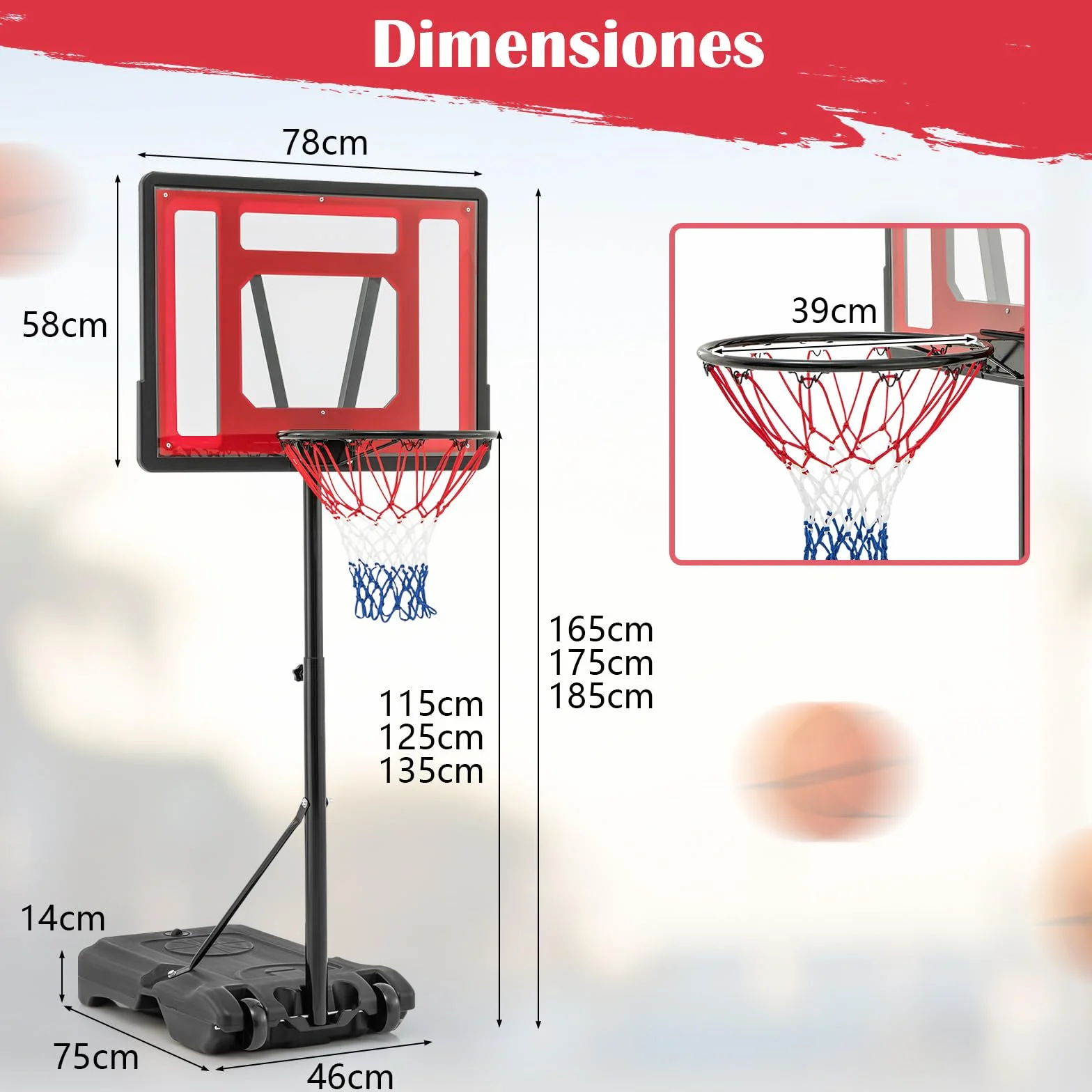 COSTWAY Canasta de Baloncesto Exterior, Altura Ajustable 115-135 cm, Aro con Ruedas para Niños y Adultos