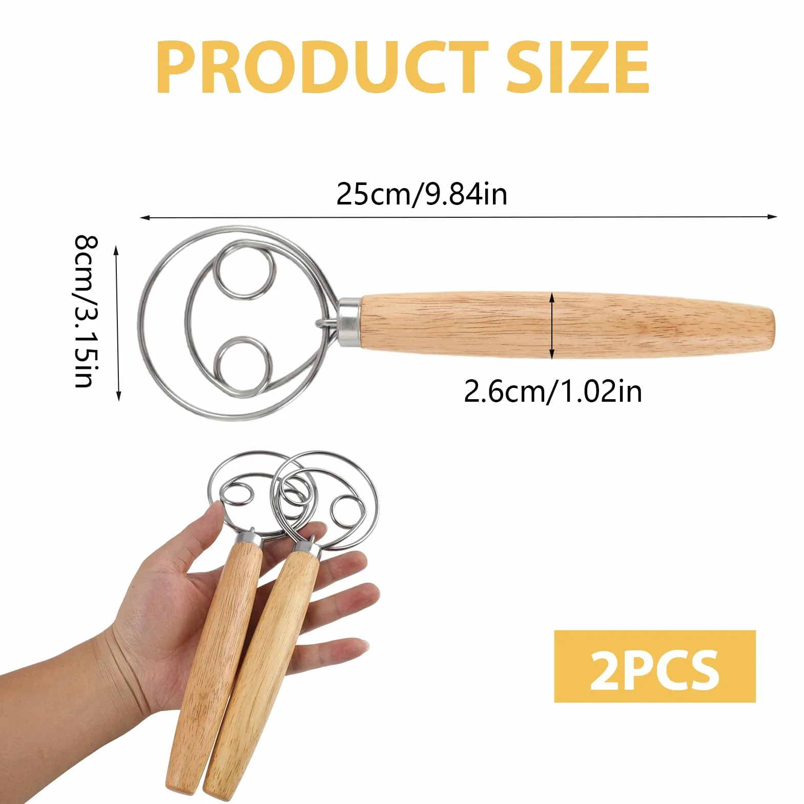 Batidor de Masa Danés de Acero Inoxidable con Mango de Madera,Doble Espiral, Mezclador de Masa para Pan, Masa de Pizza, Pastelería, Herramienta de Panadería, Mezclador de Mano