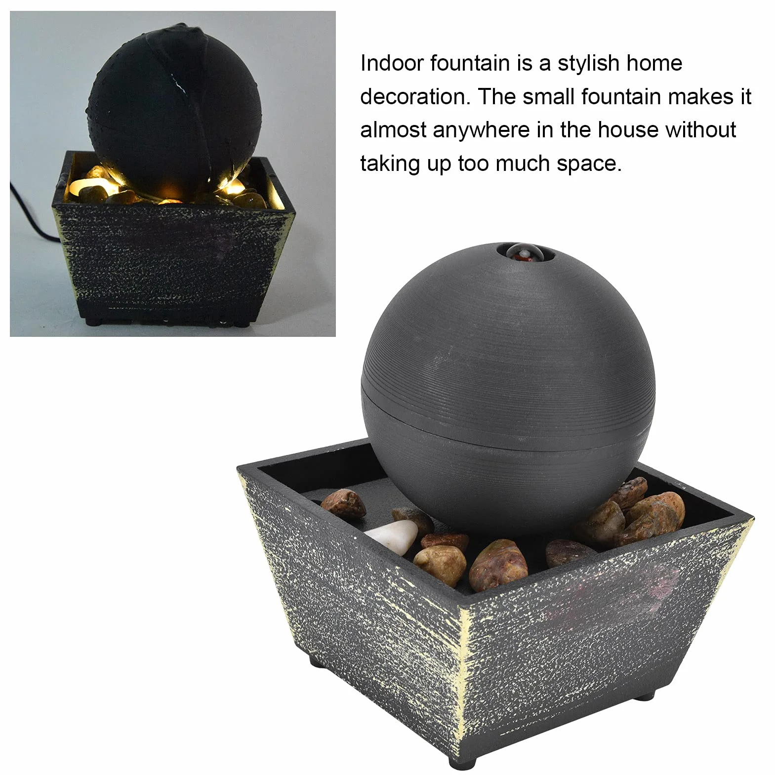 Fuente de la Cascada de Escritorio USB Función de Agua Zen con alimentación con Dispositivo de Flujo de Agua de Bola Grande de circulación de Interior Mini Feng Shui Fuente de la