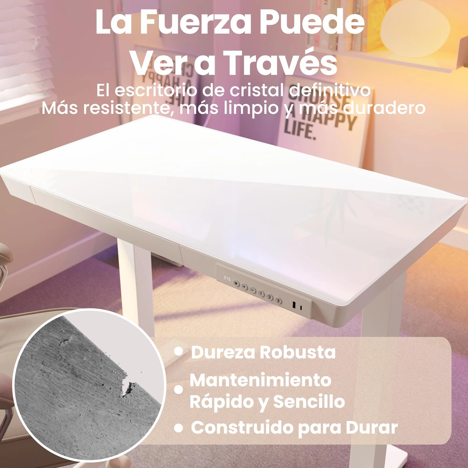 HUANUO 88 x 50 cm Escritorio Elevable, Mesa Elevable de Vidrio con Cajón, Puerto Carga USB y Panel Inteligente de 3 Memorias, Vidrio Blanco