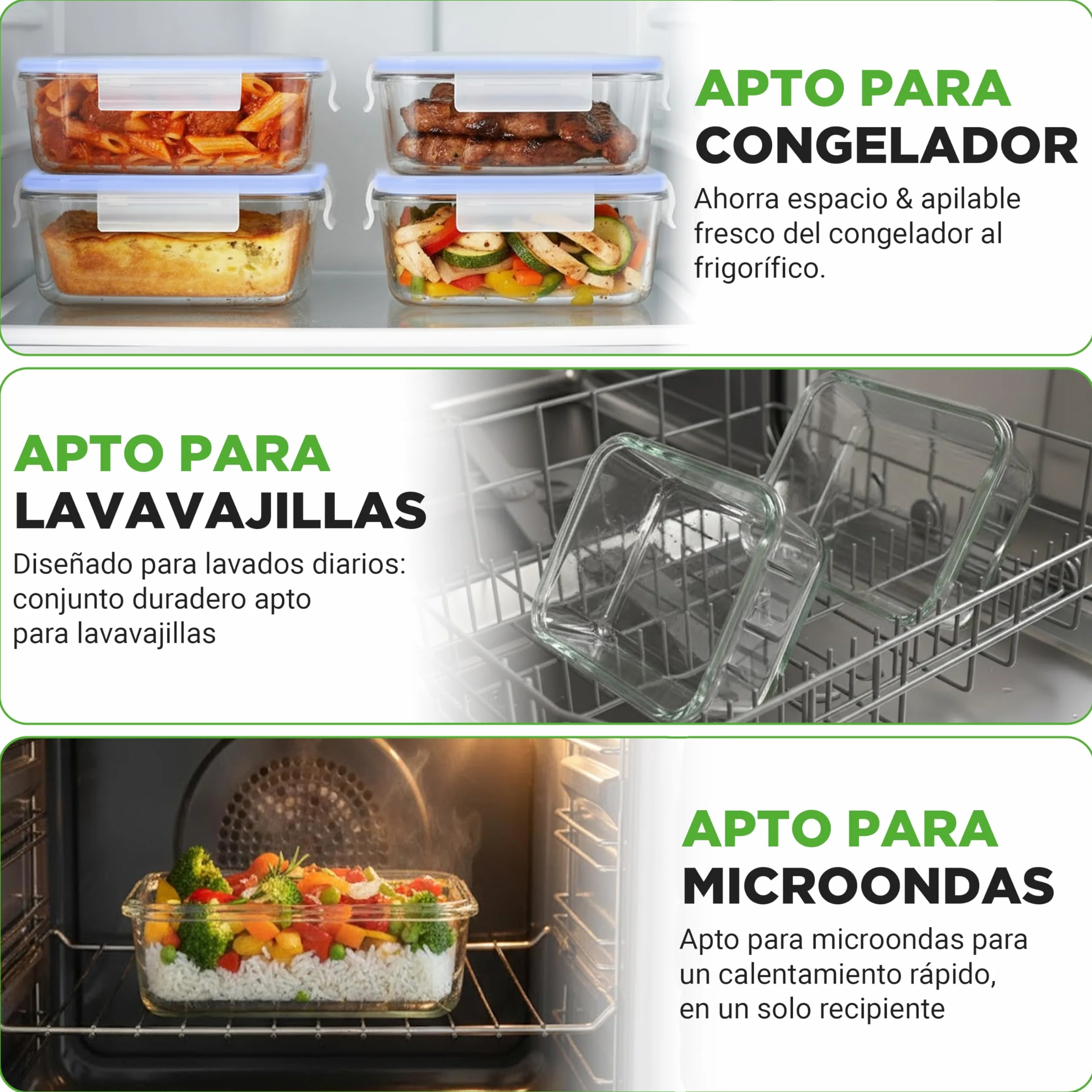 Nutrichef tuppers de cristal herméticos con orificio de aire, 5 recipientes apilables y 5 tapas, Aptos para microondas, Horno y congelador, Sin BPA