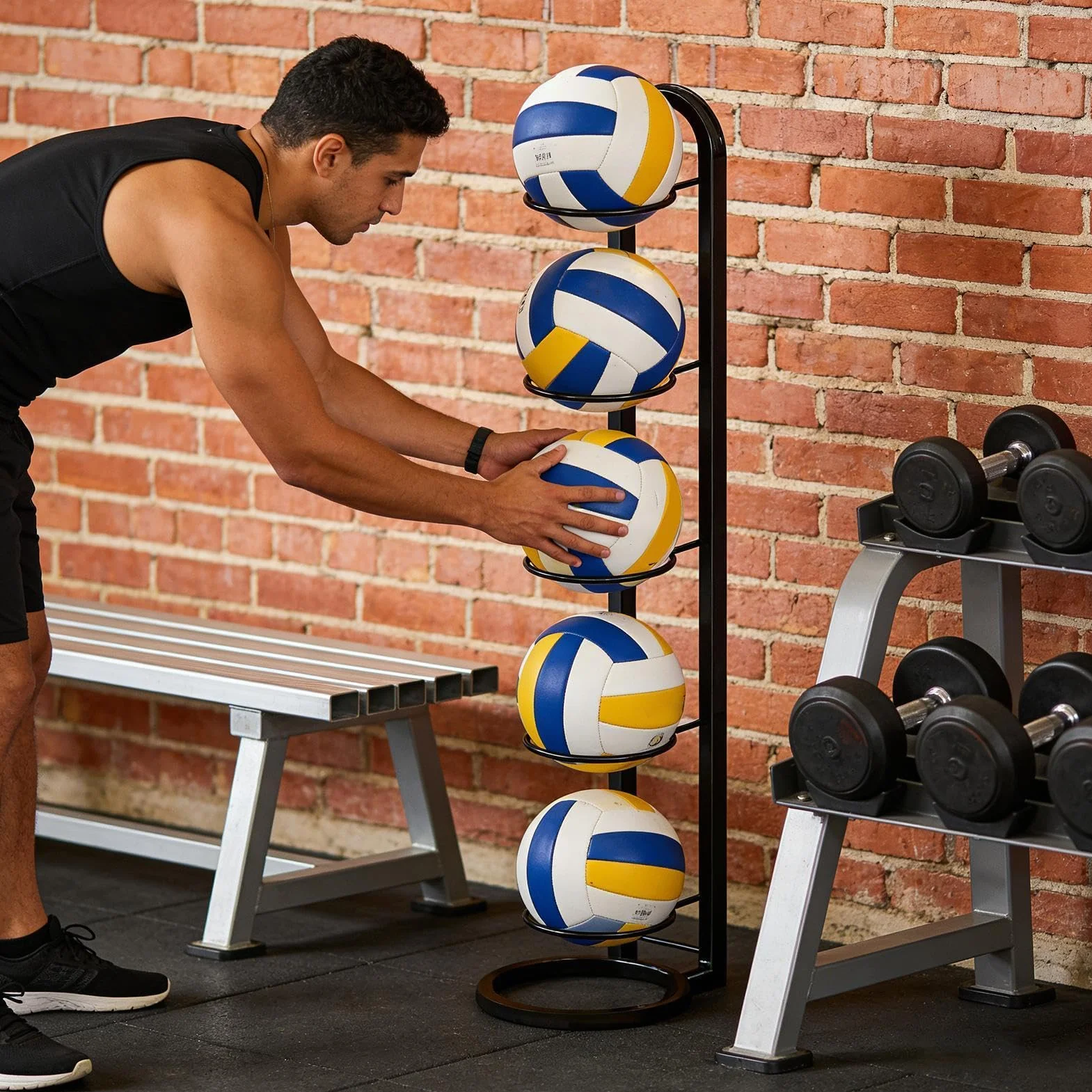 Estante de almacenamiento de baloncesto de 5 niveles - Soporte vertical para pelotas deportivas de voleibol y fútbol