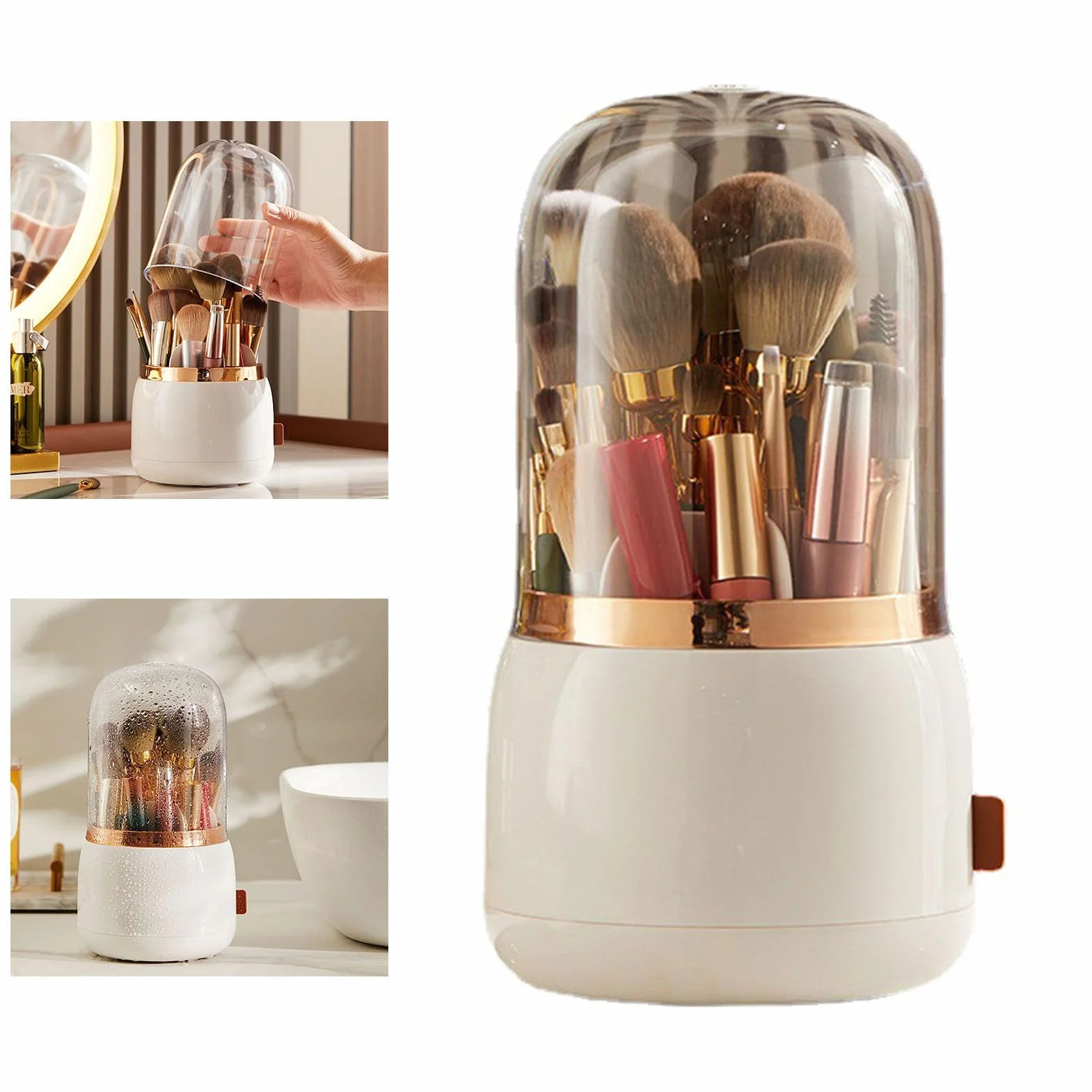 Soporte para brochas de maquillaje, organizador de herramientas cosméticas con tapa, organizador de brochas de maquillaje giratorio 360 para encimera de baño y tocador (Blanca)