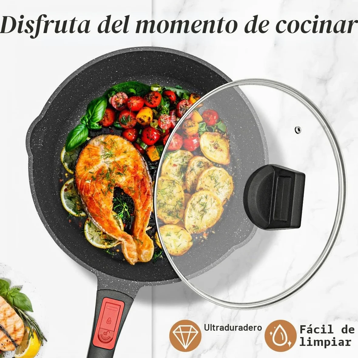 Sartén 28 cm de Antiadherente, aluminio fundido con antiadherente con asa extraíble, sartén adecuada Con tapa, Apta para Todo Tipo de Cocina. | Sartén de 7,5 cm de altura interior con mango extraíble, apta para todo tipo de fuegos