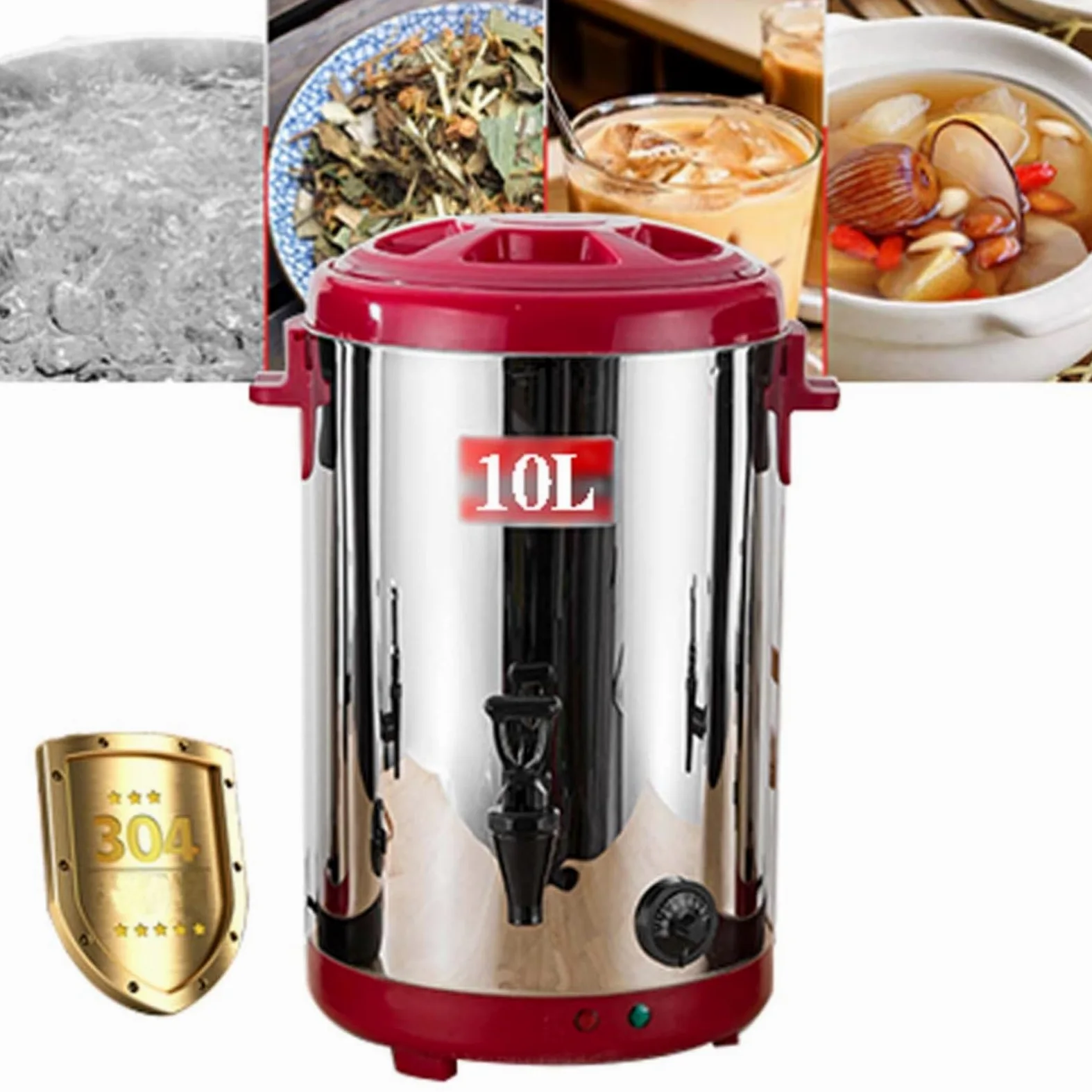 Hervidor de café Comercial para Grupos Grandes, Termo eléctrico para Agua Caliente, Acero Inoxidable de Doble Pared, dispensador/Servidor de Bebidas Aislado en Color Negro (Red 10L)