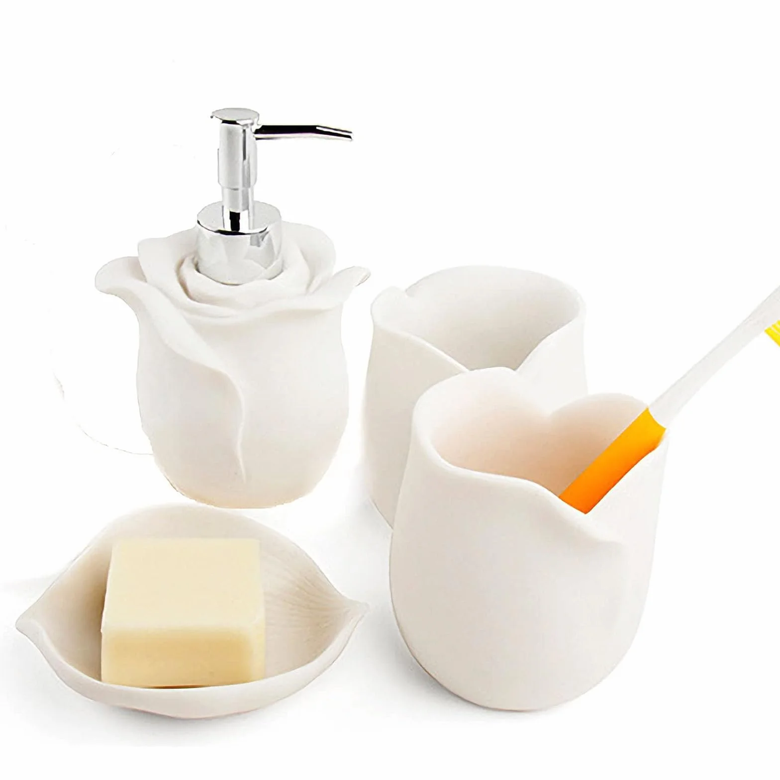 Moderno Decorativo 3D Rosas 4 Piezas Accesorios de Baño Set Dispensador de Jabón/Cepillo de Dientes TazaJabonera, 4 Piezas,Blanco