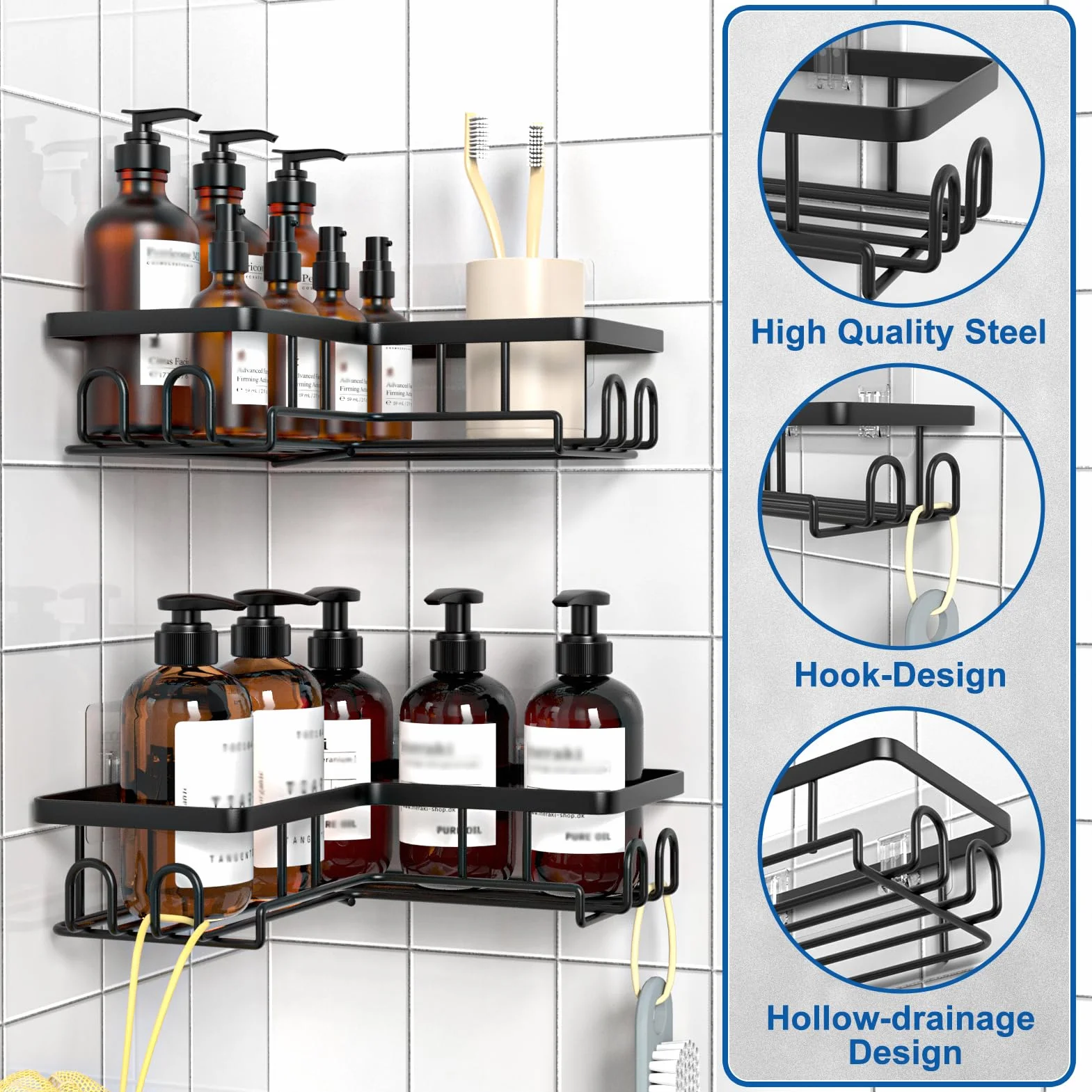 Estanteria Baño sin Taladro, Estante Rinconera Ducha con Adhesivo, Baldas Baño Organizador Ducha, Accesorios Ducha (Negro, 2 Cesta)