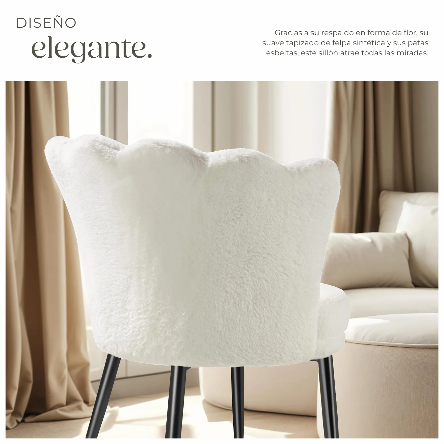 tectake® Sillón Tapizado con Acolchado Grueso, Butaca Salón con Respaldo Curvado en Forma de Flor, Sillón de Lectura con Patas de Acero, Tapas Antideslizantes, Silla Oficina - Terciopelo, Crema/Negro