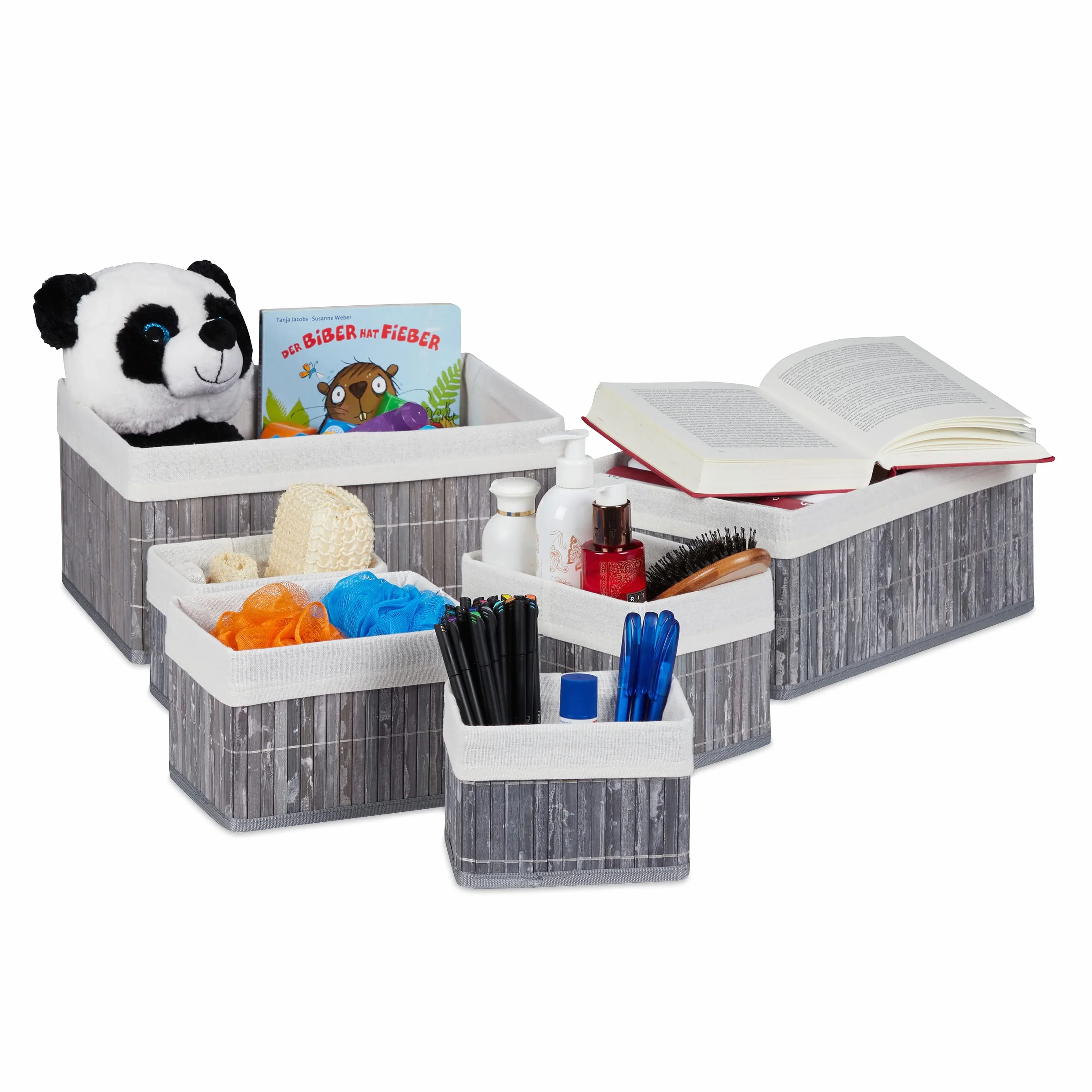 Relaxdays Set de Seis cestas de almacenaje, Funda de Tela, Bambú, Cuadrado y Rectangular, Organizador, Gris
