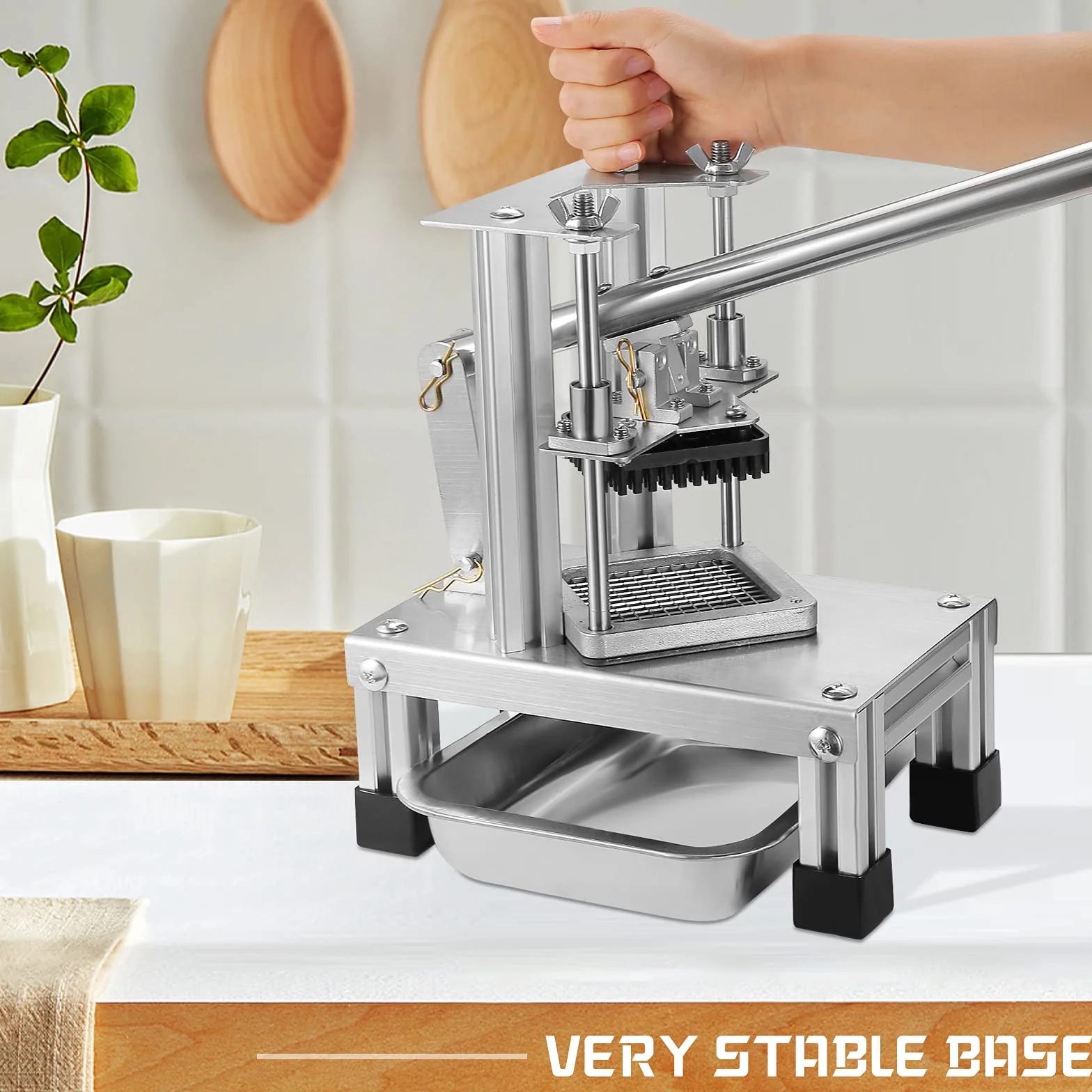 Comercial Cortador de freír francés con 3 Cuchillas de Repuesto, 1/2", 1/4" y 3/8" Cuchillas Trituradora Simple Triturador de Patatas Fritas, Limón y Patatas con Mango Alargado