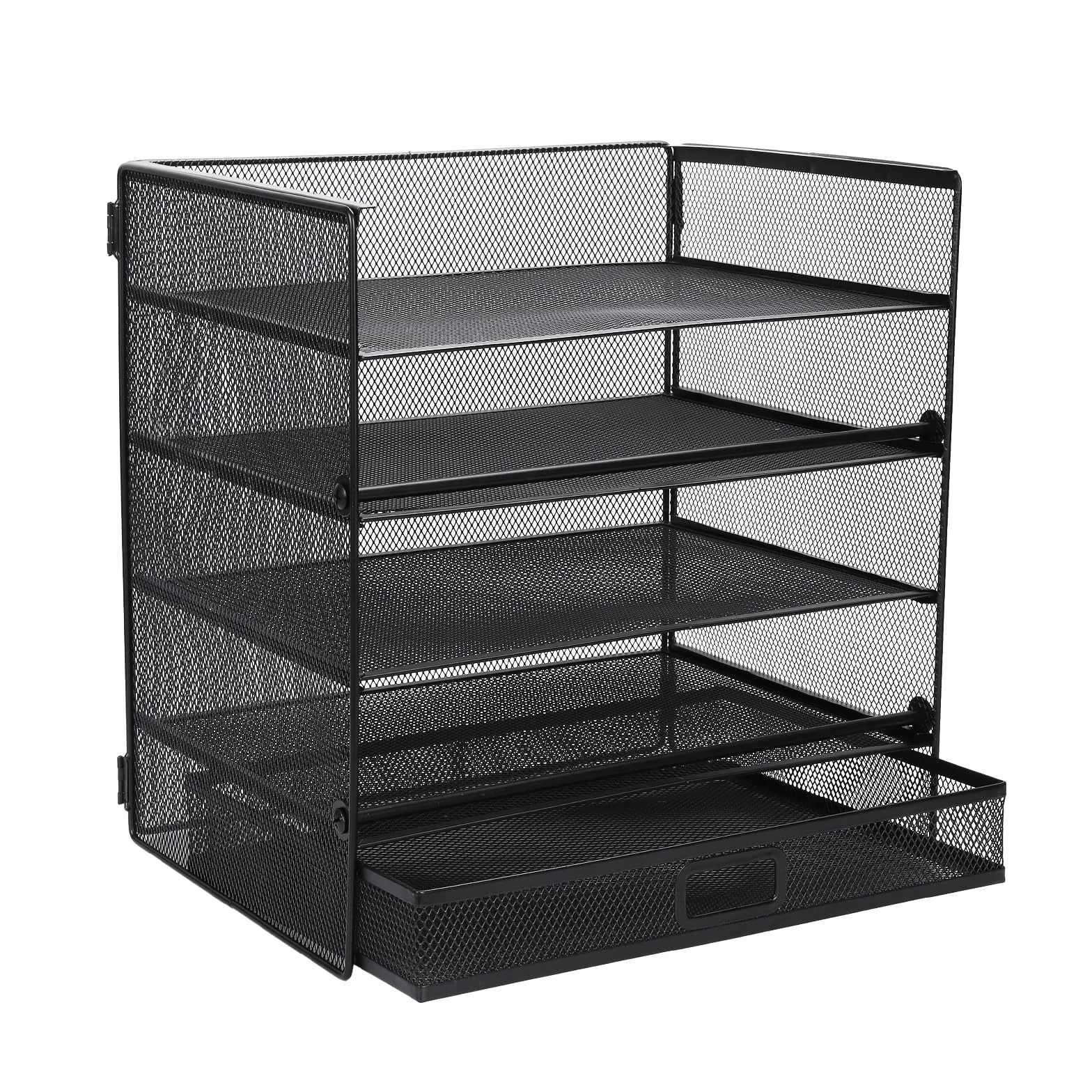 Cinnani Organizador de escritorio,bandeja de papel de 5 niveles con cajón, organizador de compartimentos de almacenamiento con carpetas,cartas,papel,bandeja organizadora de escritorio de metal (negro)