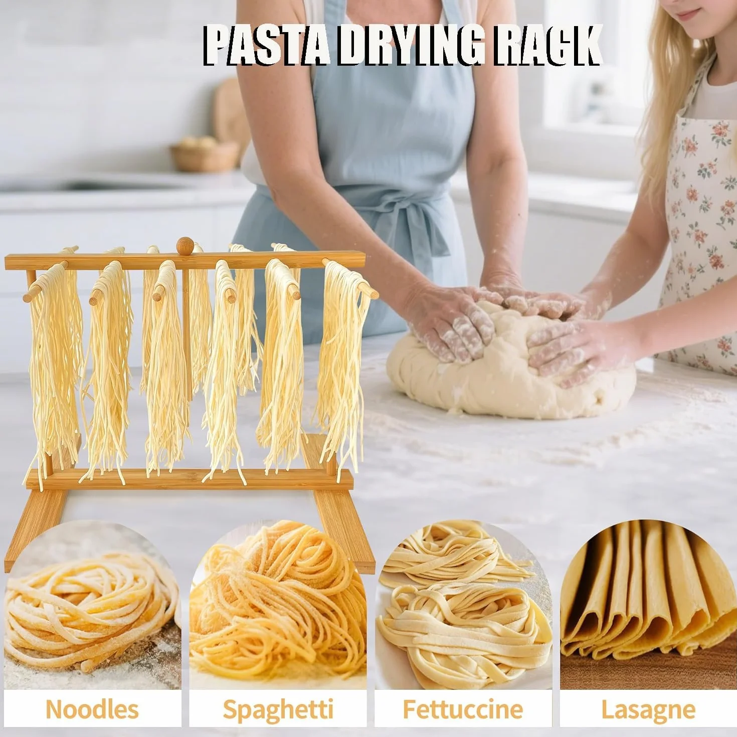 Secador De Pasta, Bastidor De Madera para Secar Fideos con Barra De Transferencia Y 12 Varillas De Secado, Gran Capacidad Y Plegable, para Fideos Italianos Y Fideos Chinos