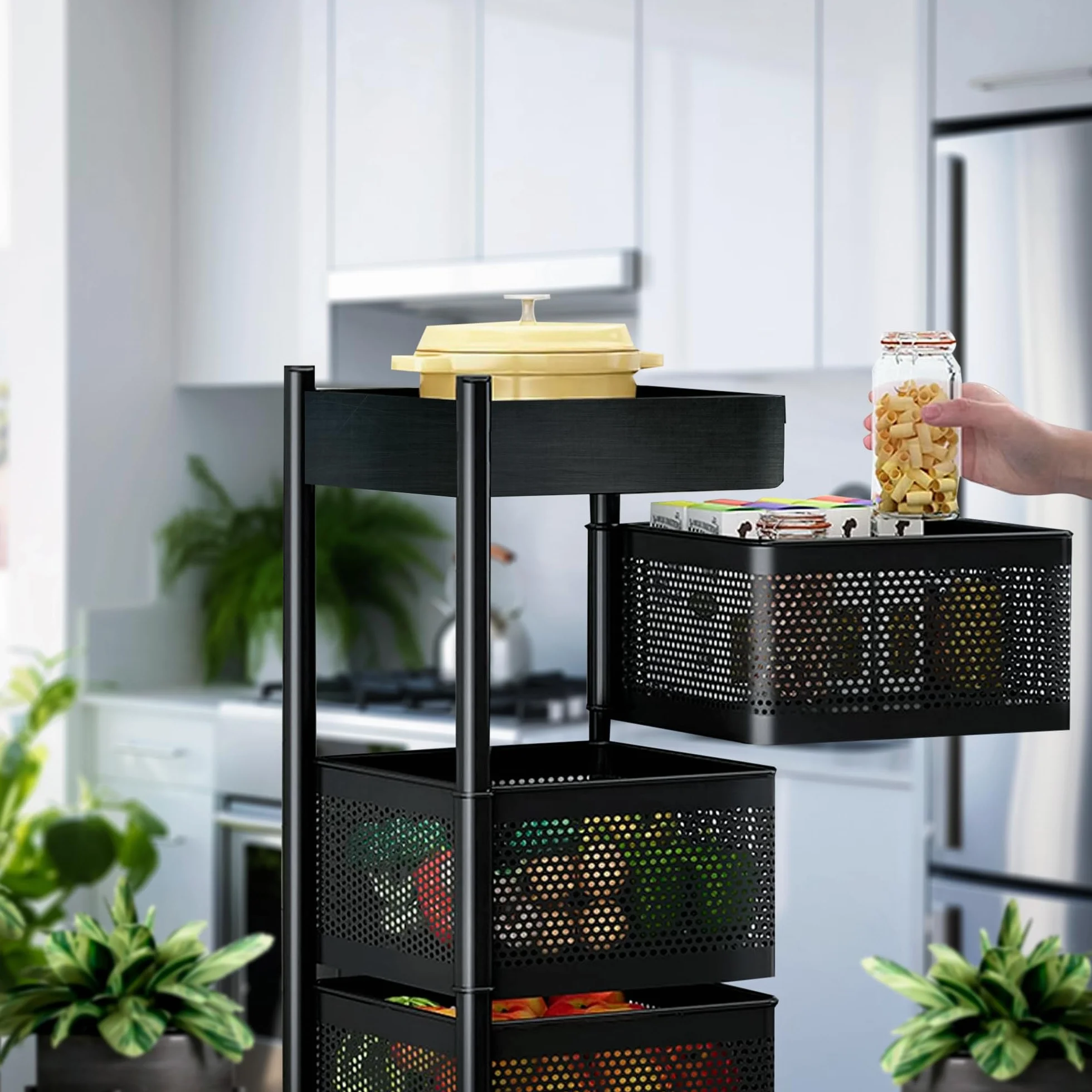 JUPPLIES Carrito Auxiliar con Ruedas - Cesta de Almacenamiento Ahorra Espacio 4 Niveles - Carrito Cocina Giratorio - Estante Cocina, Baño, Estante para Frutas y Verduras