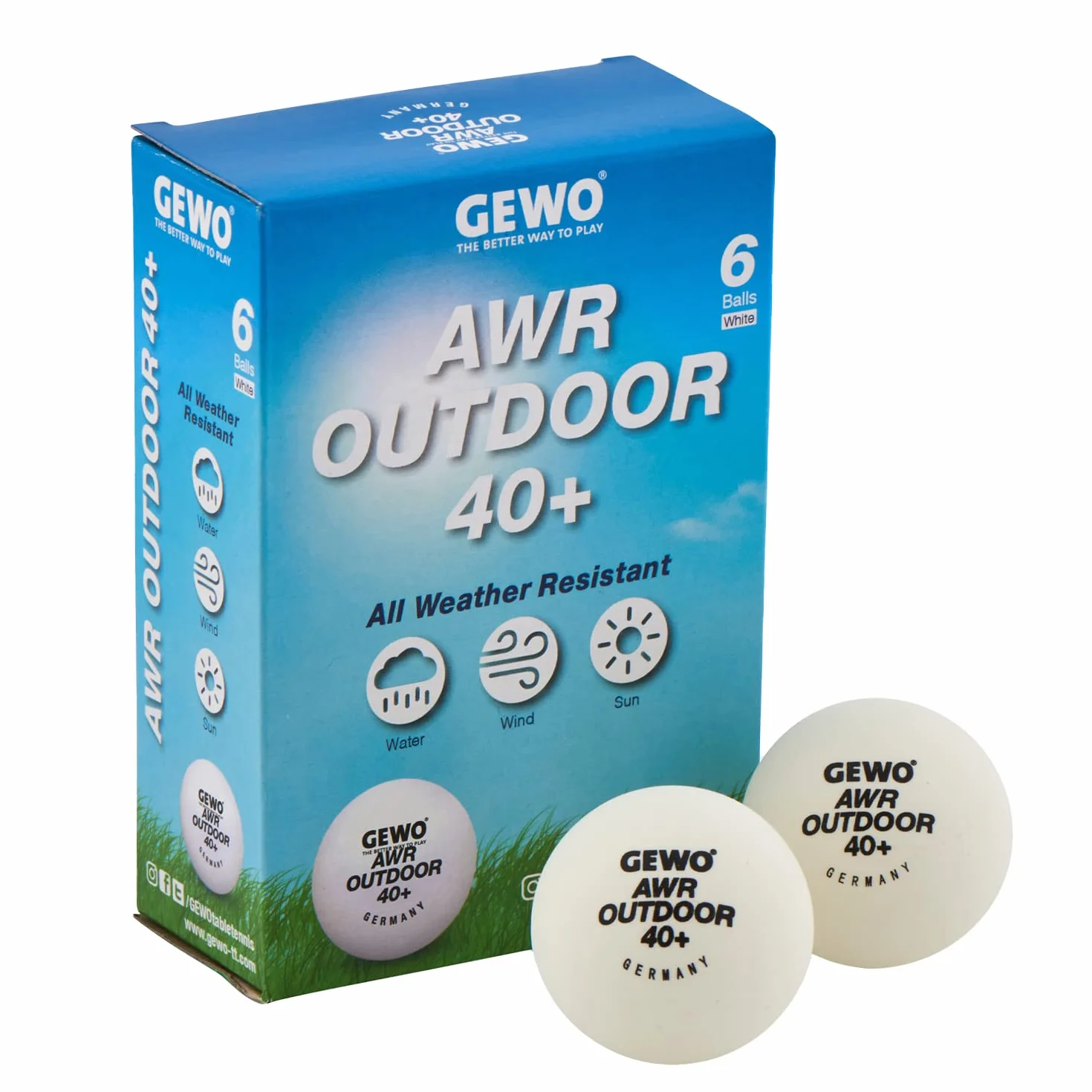 GEWO AWR Outdoor 40+ Pelotas de Ping Pong de Mesa para Exteriores, Impermeable, 40mm, 6 Unidades