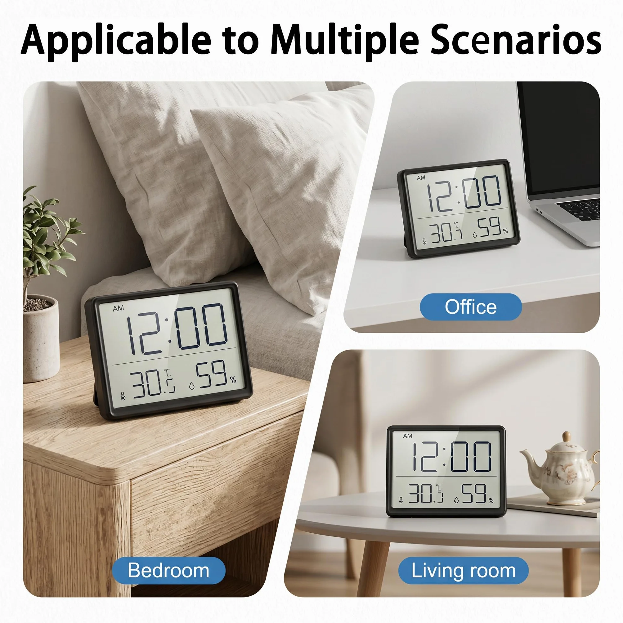 Termohigrómetro Digital LCD, Reloj Despertador con Medidor de Temperatura y Humedad, Reloj 12/24H, Conmutable ℃/℉, Funciona con Batería, Monitor de Clima Interior para Oficina, Escuela, Cocina, Hogar