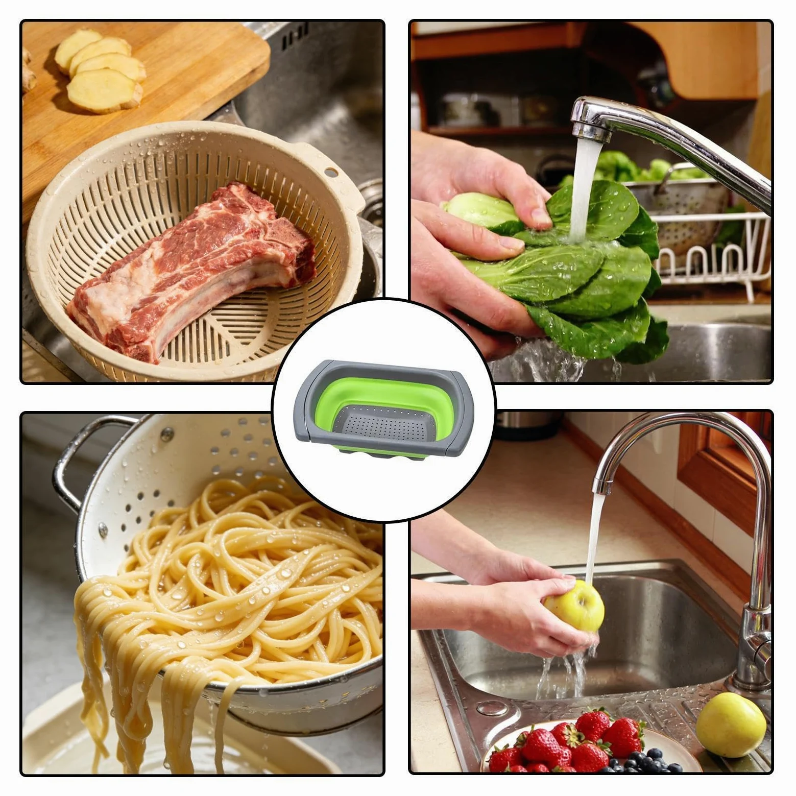 Colador Sobre El Fregadero: Escurridor De Verduras Plegable, Cesta Con Asas Extensibles, Colador De Alimentos De Silicona Para Pasta Y Frutas | Cocina Apartamento Granja Preparación De Comidas Lavado