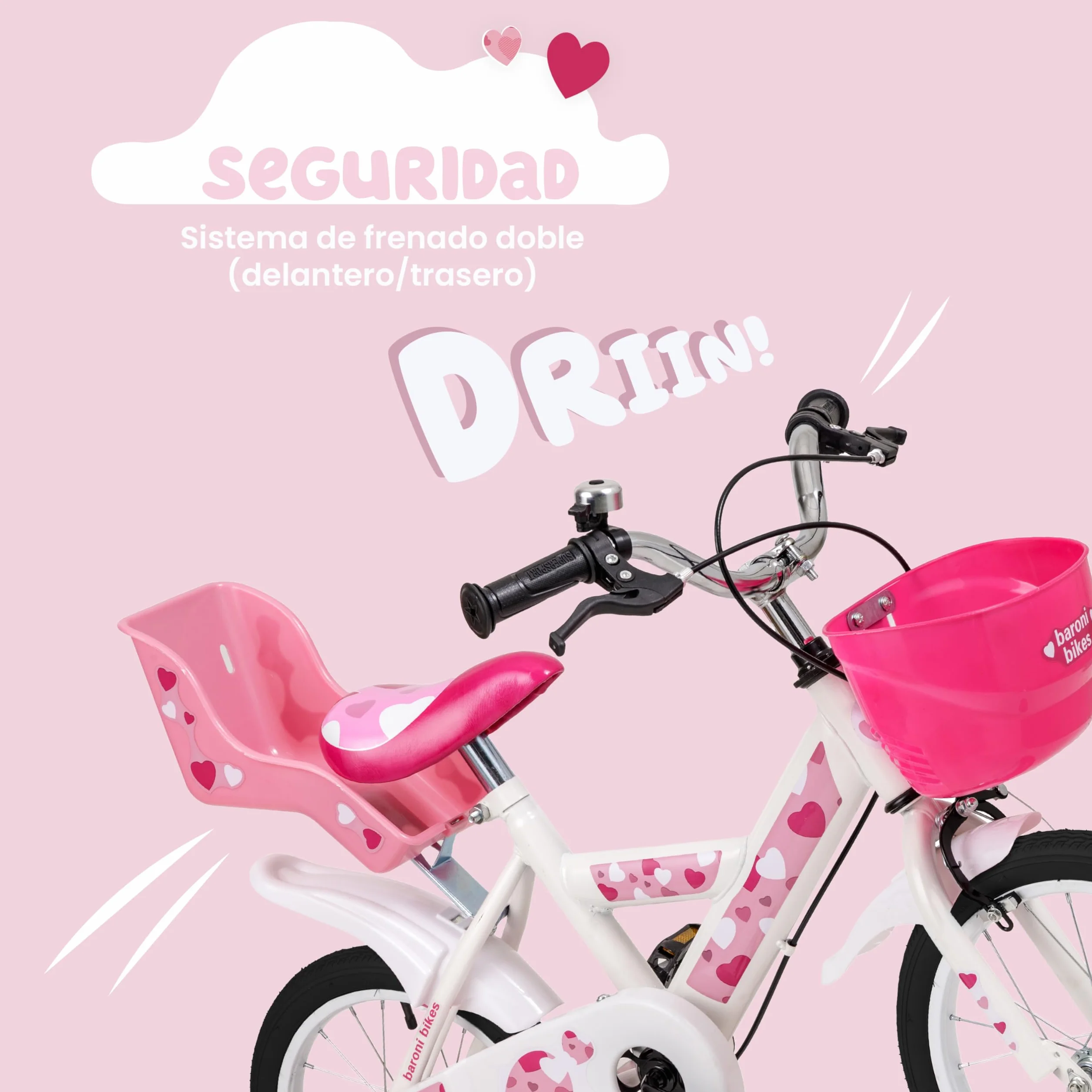 Baroni Toys Bicicleta de Niña, Rosa Corazones, Acero con Cesta, Portabicicletas, Ruedas, 12'' 14'' 16''