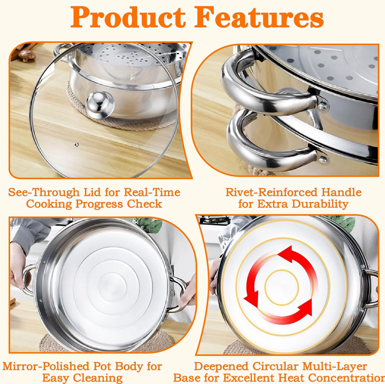Vaporera Acero Inoxidable con Tapa Vristal, Olla Presión Verduras Grande Hogar 5 Capas Duradera, Ollas Vaporera Cocinar Vapor Cocinar Vapor Steamer Cooking para Cocinar Verduras Mariscos Sopas Guisos
